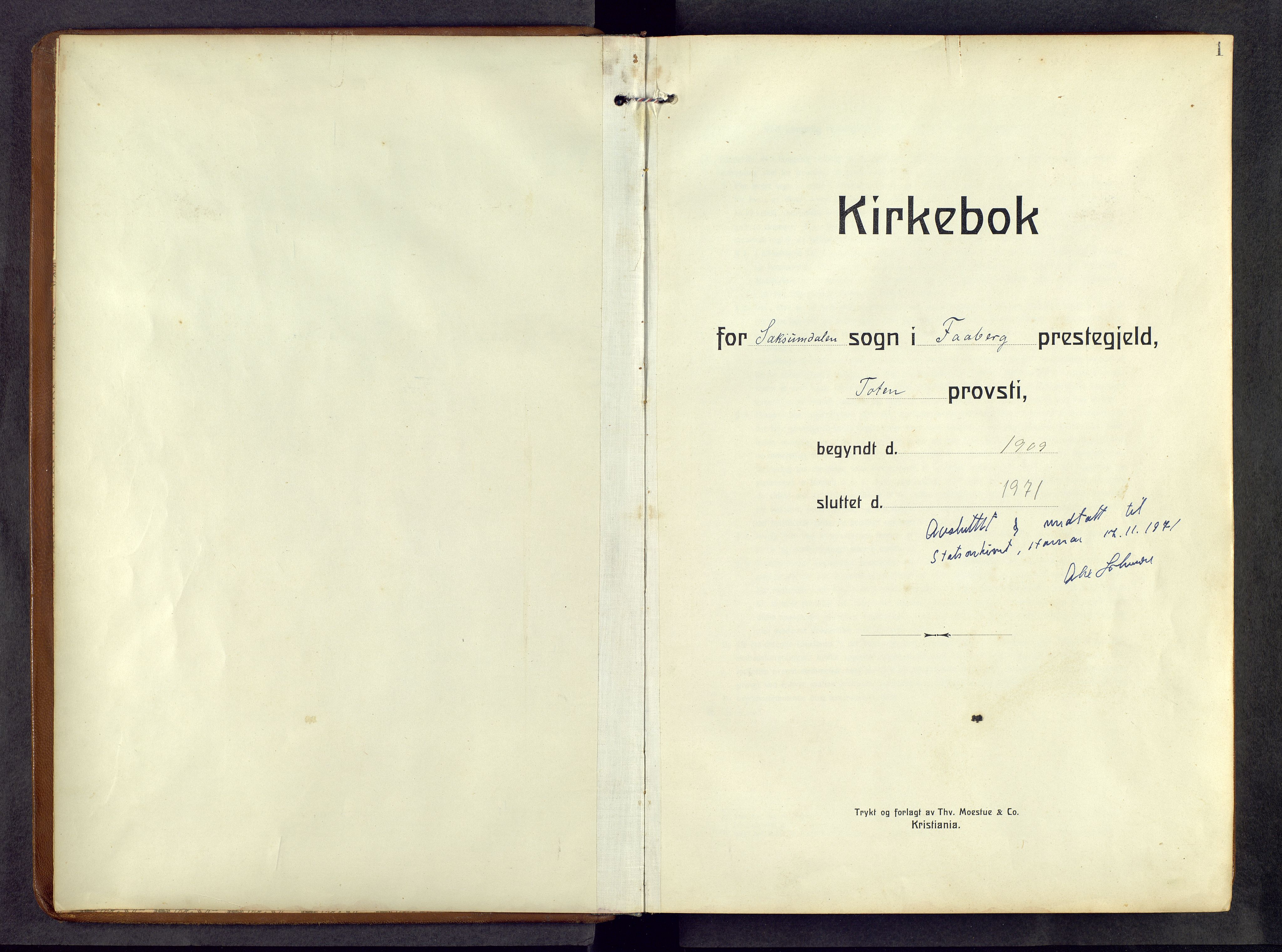Fåberg prestekontor, SAH/PREST-086/H/Ha/Hab/L0013: Parish register (copy) no. 13, 1909-1971, p. 1