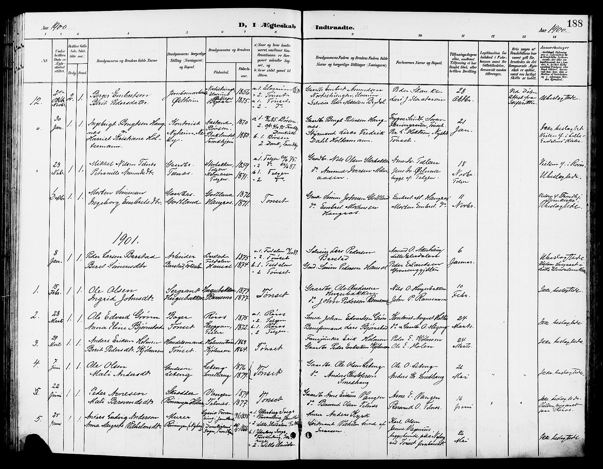 Tynset prestekontor, AV/SAH-PREST-058/H/Ha/Hab/L0009: Parish register (copy) no. 9, 1900-1914, p. 188