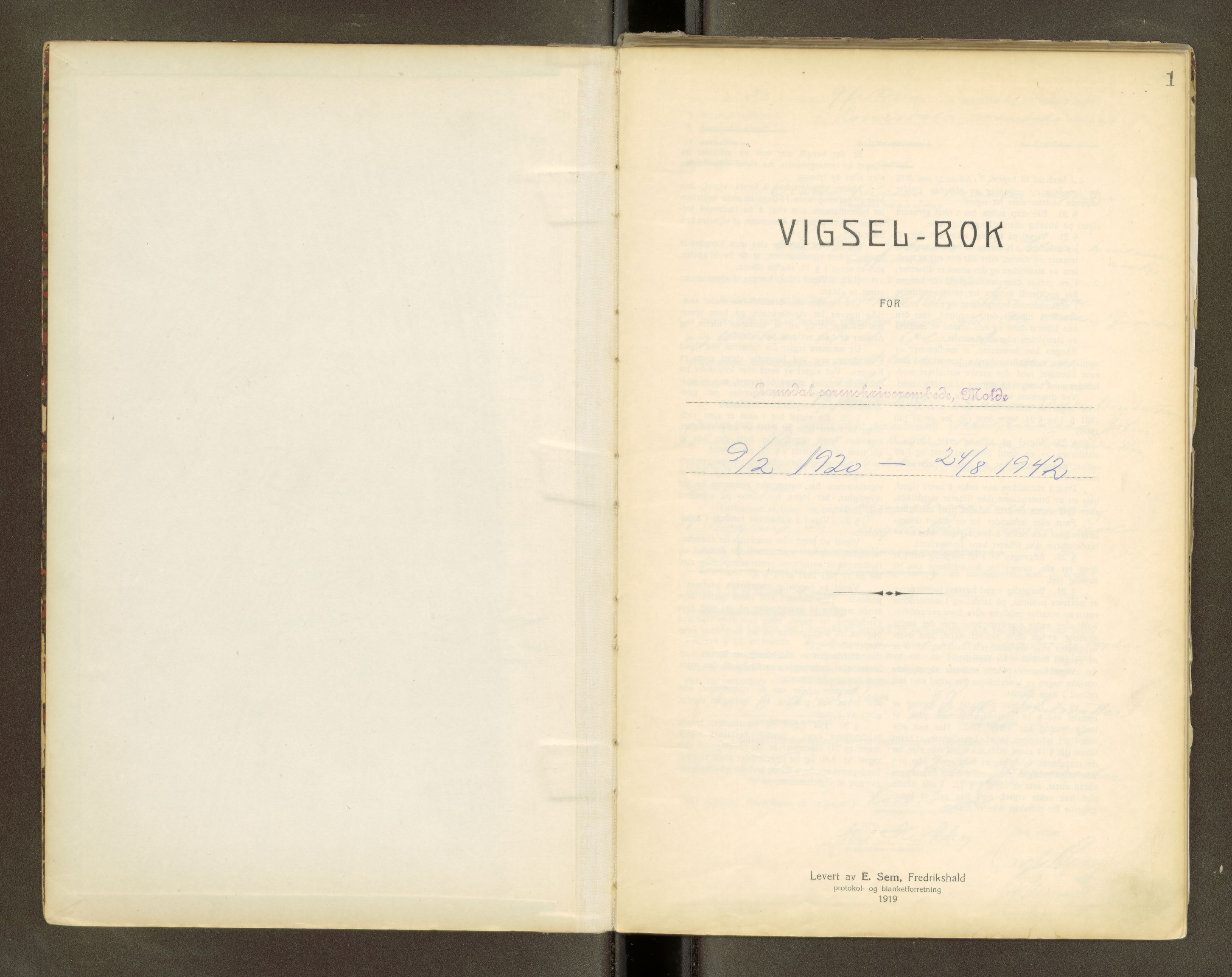 Romsdal sorenskriveri, SAT/A-4149/1/6/6D/L0004: Vigselbok, 1920-1942, p. 1