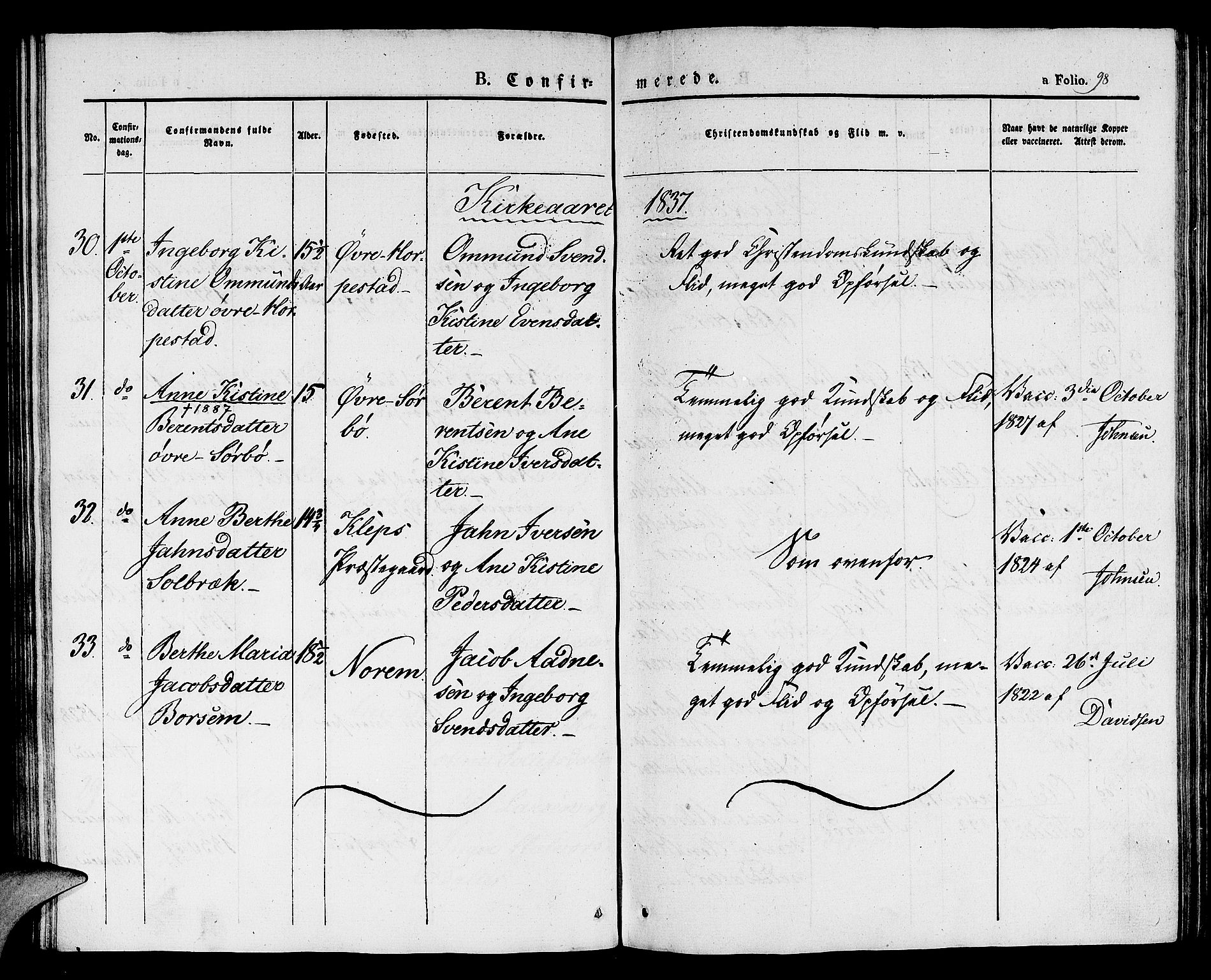 Klepp sokneprestkontor, SAST/A-101803/001/3/30BA/L0003: Parish register (official) no. A 3, 1833-1842, p. 98