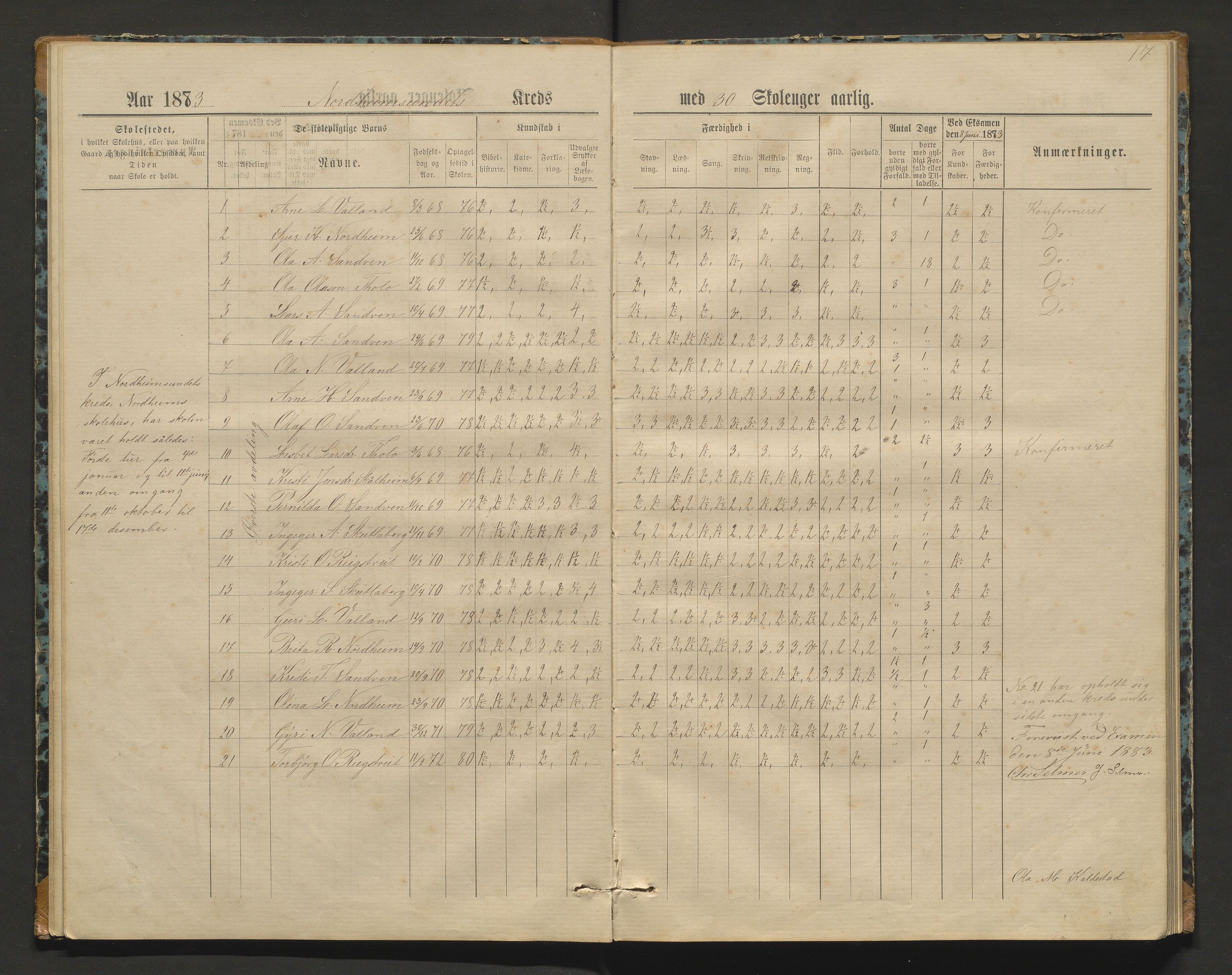 Kvam herad. Barneskulane, IKAH/1238-231/F/Fa/L0002: Skuleprotokoll for Norheimsund krins, 1878-1891, p. 16