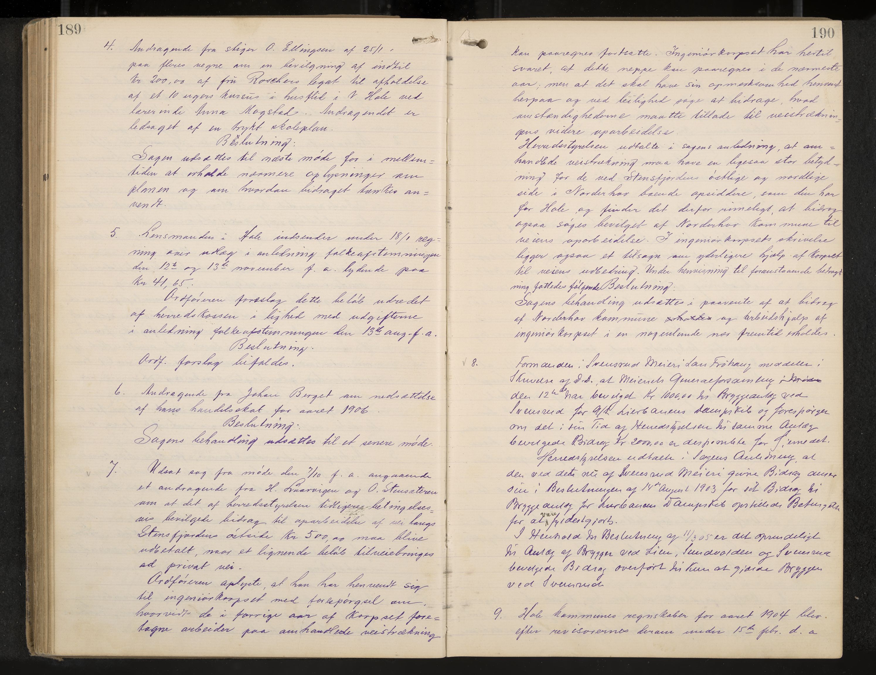 Hole formannskap og sentraladministrasjon, IKAK/0612021-1/A/Aa/L0004: Møtebok med register, 1902-1910, p. 189-190