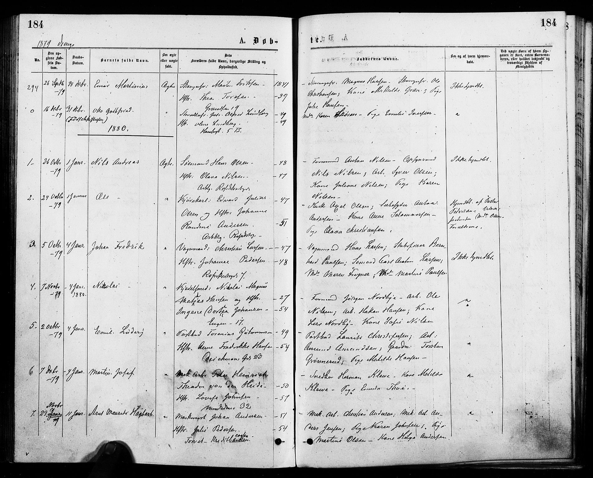Trefoldighet prestekontor Kirkebøker, SAO/A-10882/F/Fa/L0004: Parish register (official) no. I 4, 1876-1880, p. 184