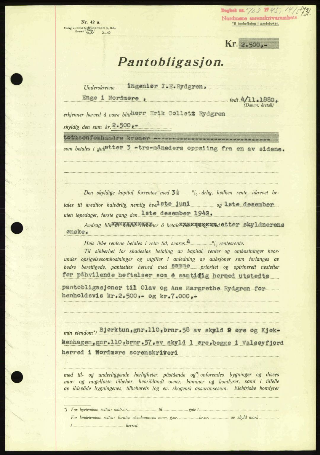 Nordmøre sorenskriveri, AV/SAT-A-4132/1/2/2Ca: Mortgage book no. B92, 1944-1945, Diary no: : 703/1945