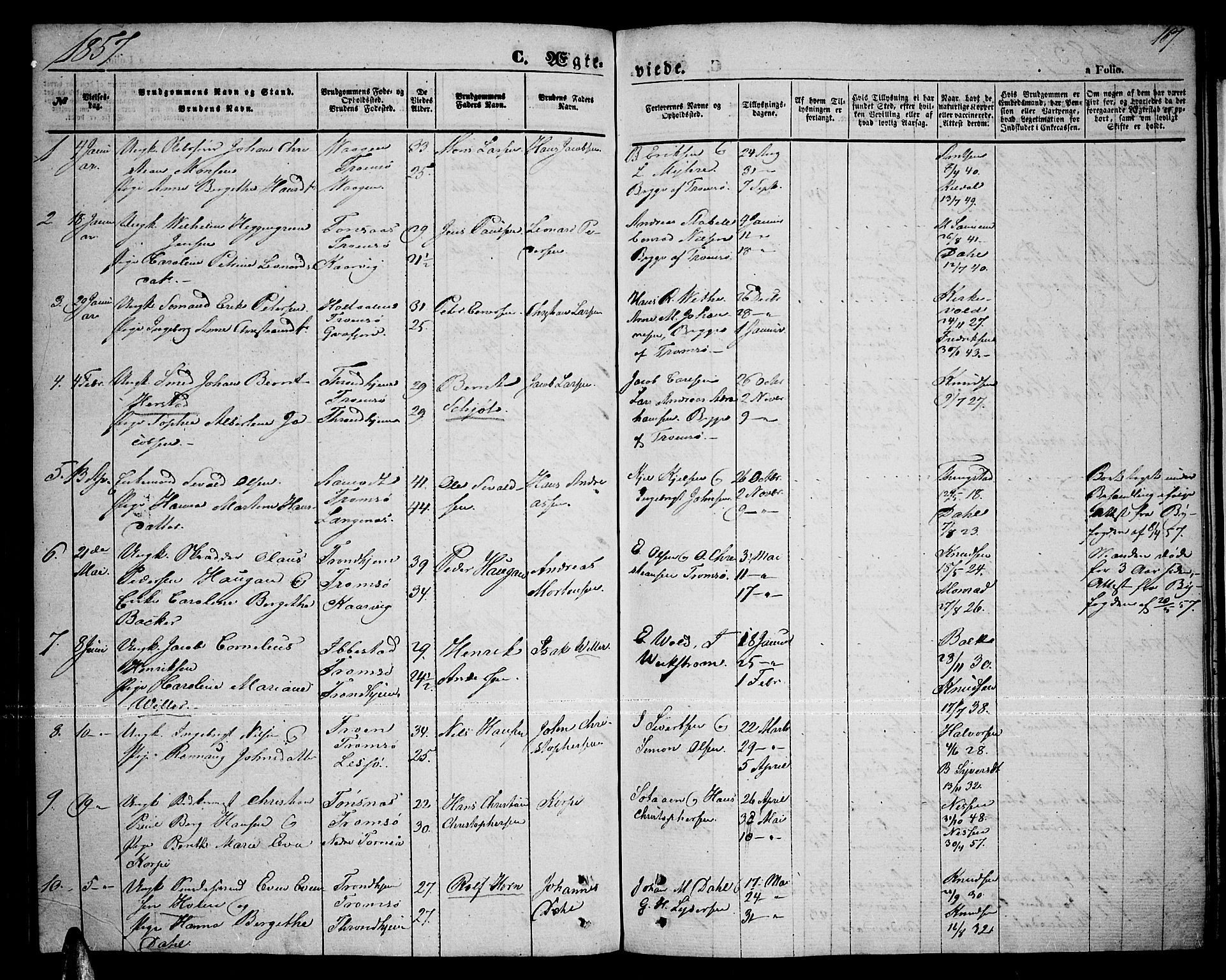 Tromsø sokneprestkontor/stiftsprosti/domprosti, SATØ/S-1343/G/Gb/L0006klokker: Parish register (copy) no. 6, 1857-1866, p. 167