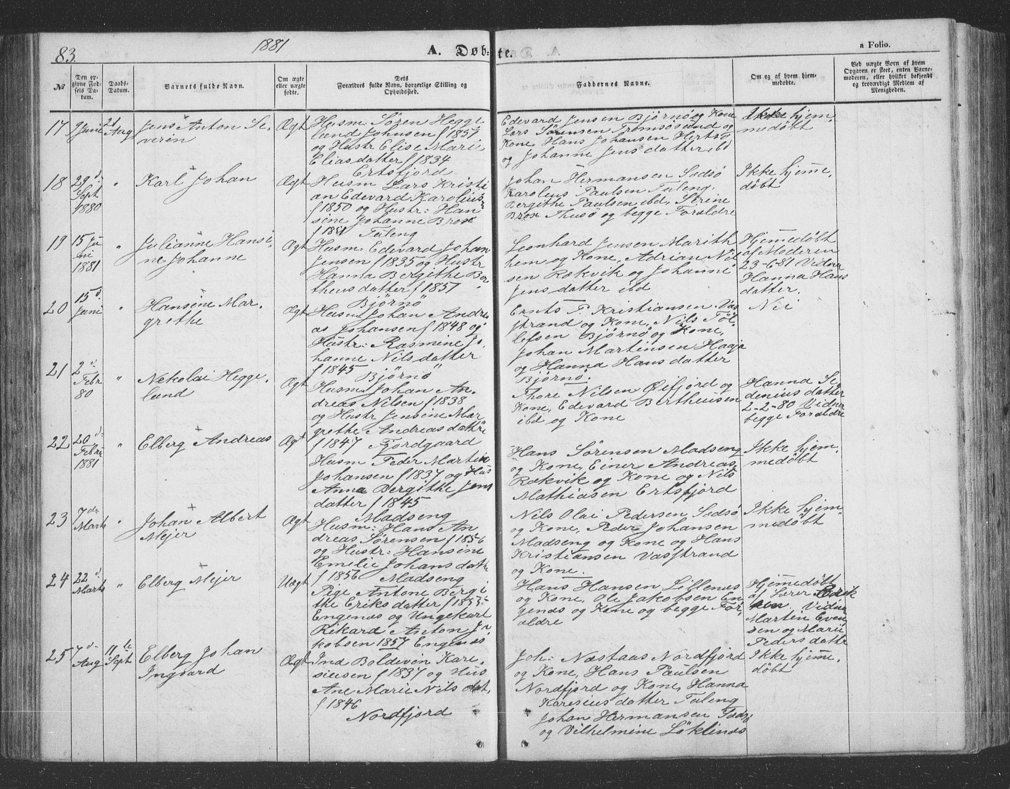 Lenvik sokneprestembete, AV/SATØ-S-1310/H/Ha/Hab/L0020klokker: Parish register (copy) no. 20, 1855-1883, p. 83