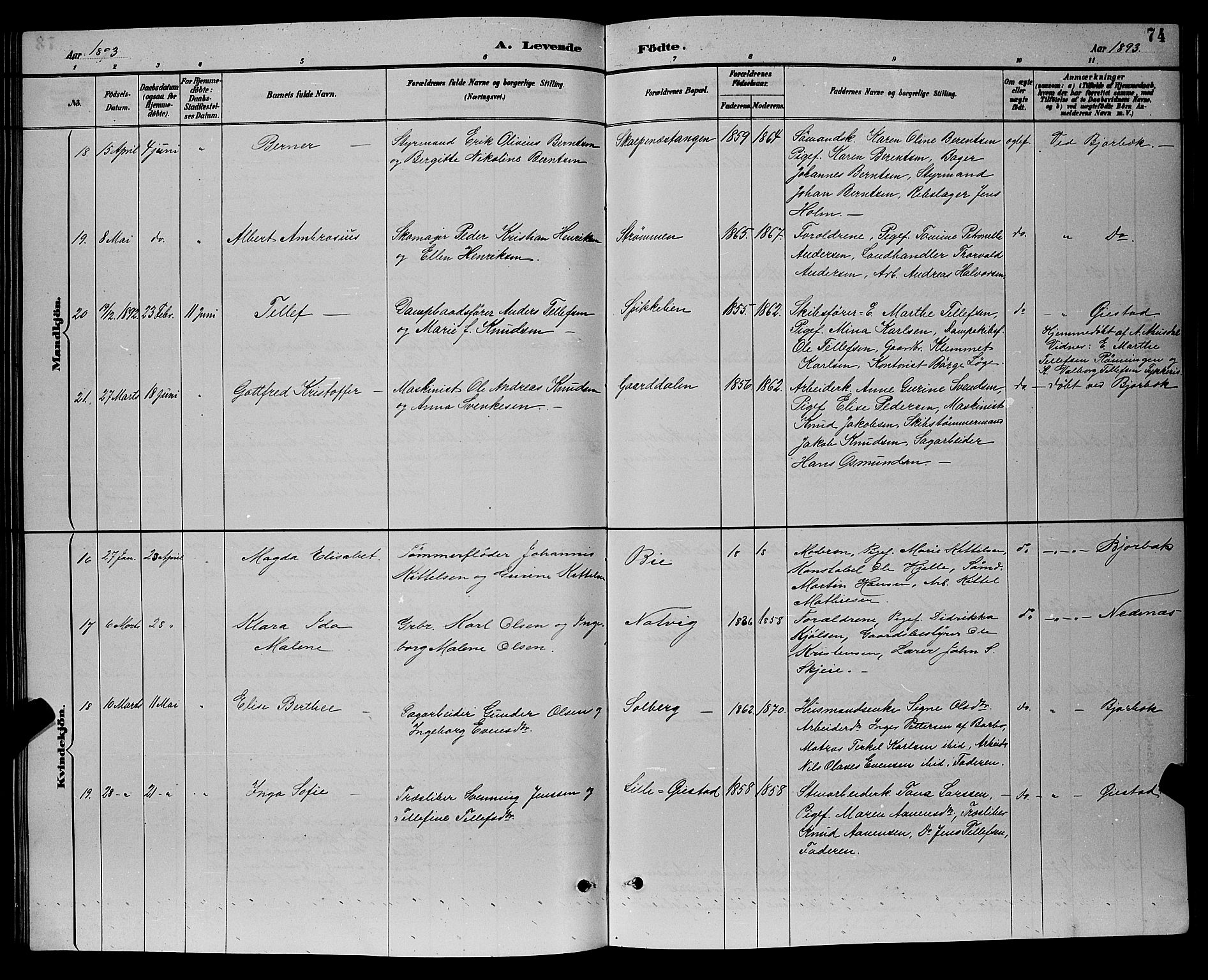 Øyestad sokneprestkontor, AV/SAK-1111-0049/F/Fb/L0009: Parish register (copy) no. B 9, 1886-1896, p. 74