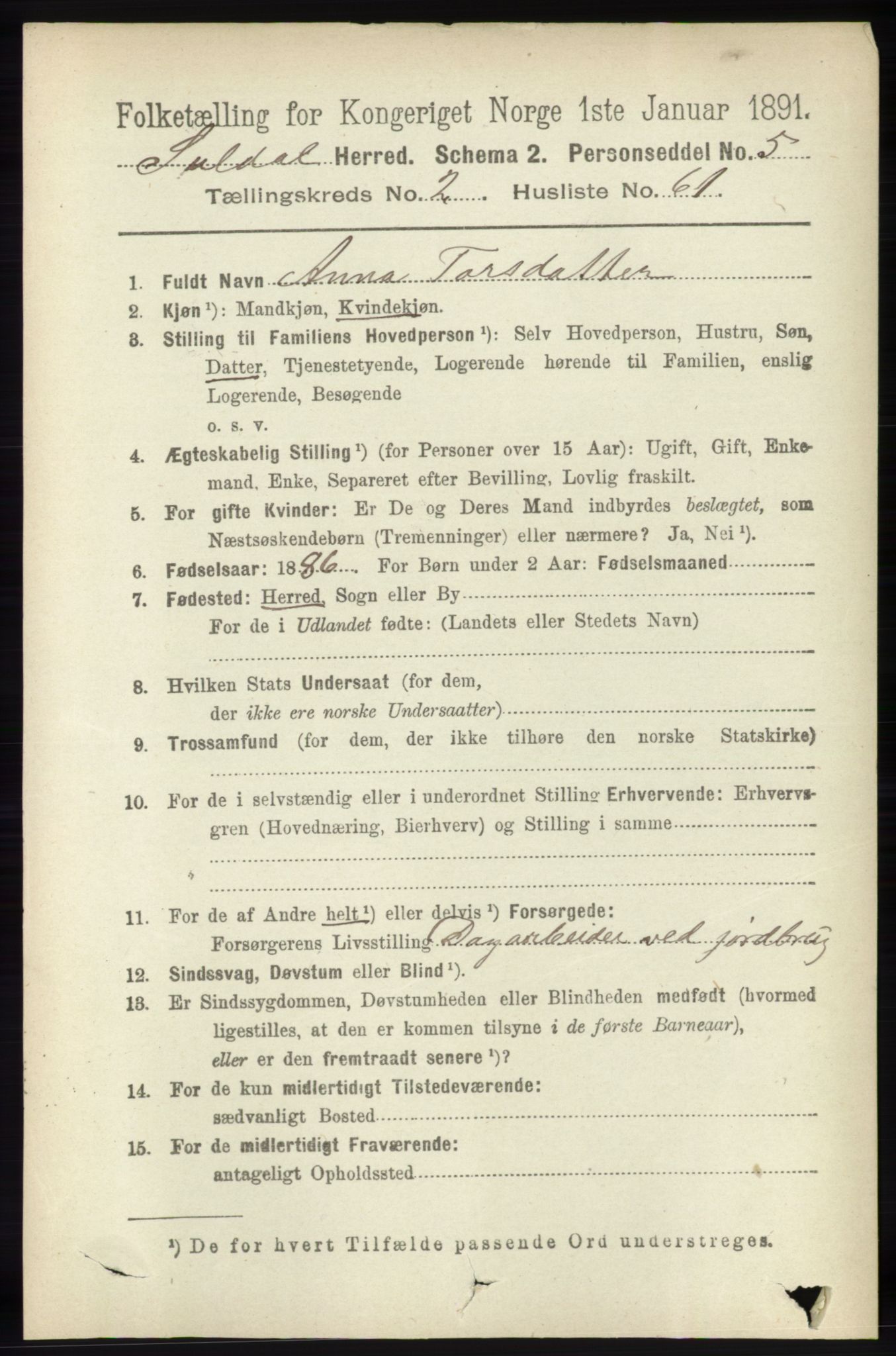 RA, 1891 census for 1134 Suldal, 1891, p. 579