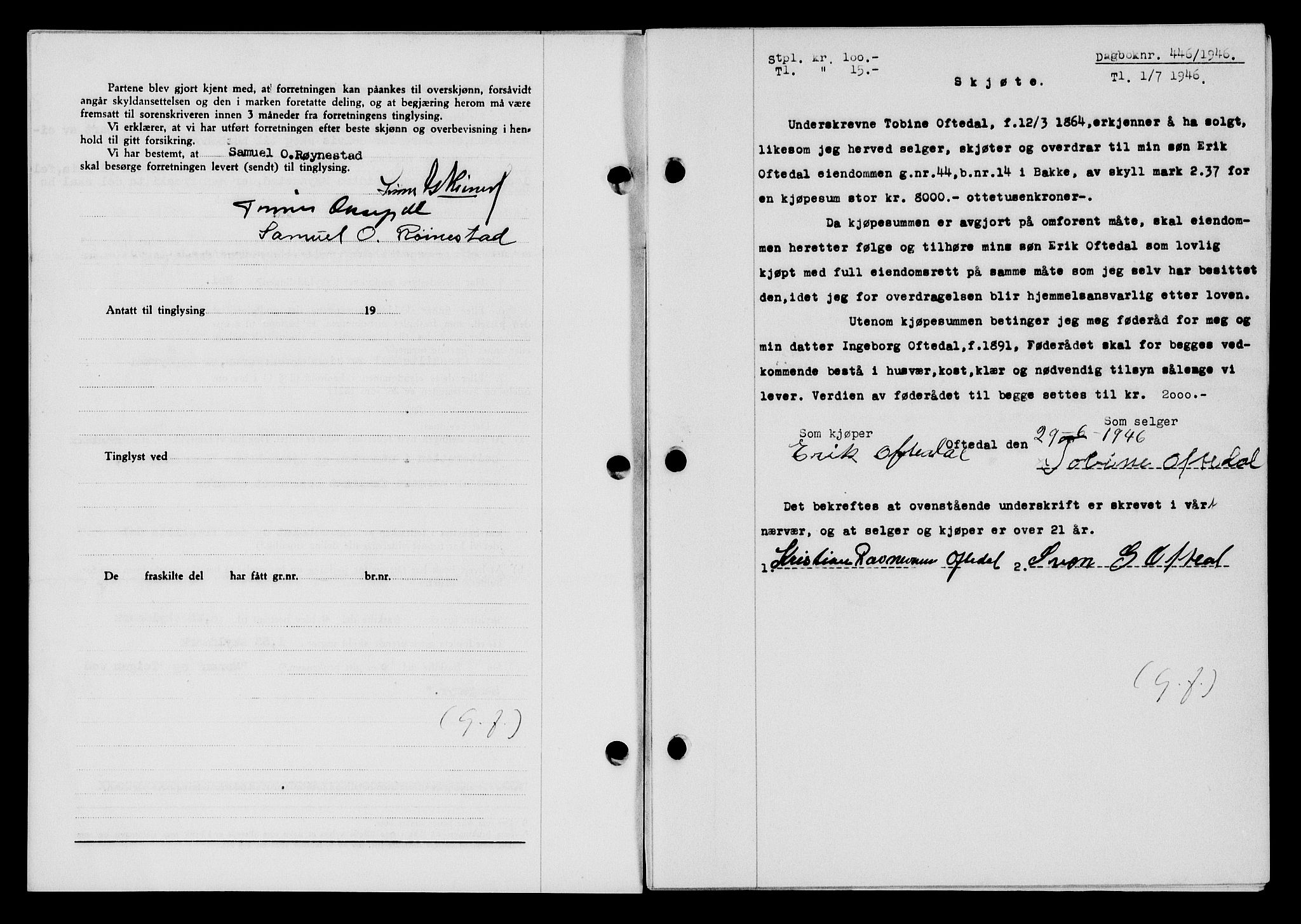 Flekkefjord sorenskriveri, AV/SAK-1221-0001/G/Gb/Gba/L0060: Mortgage book no. A-8, 1945-1946, Diary no: : 446/1946