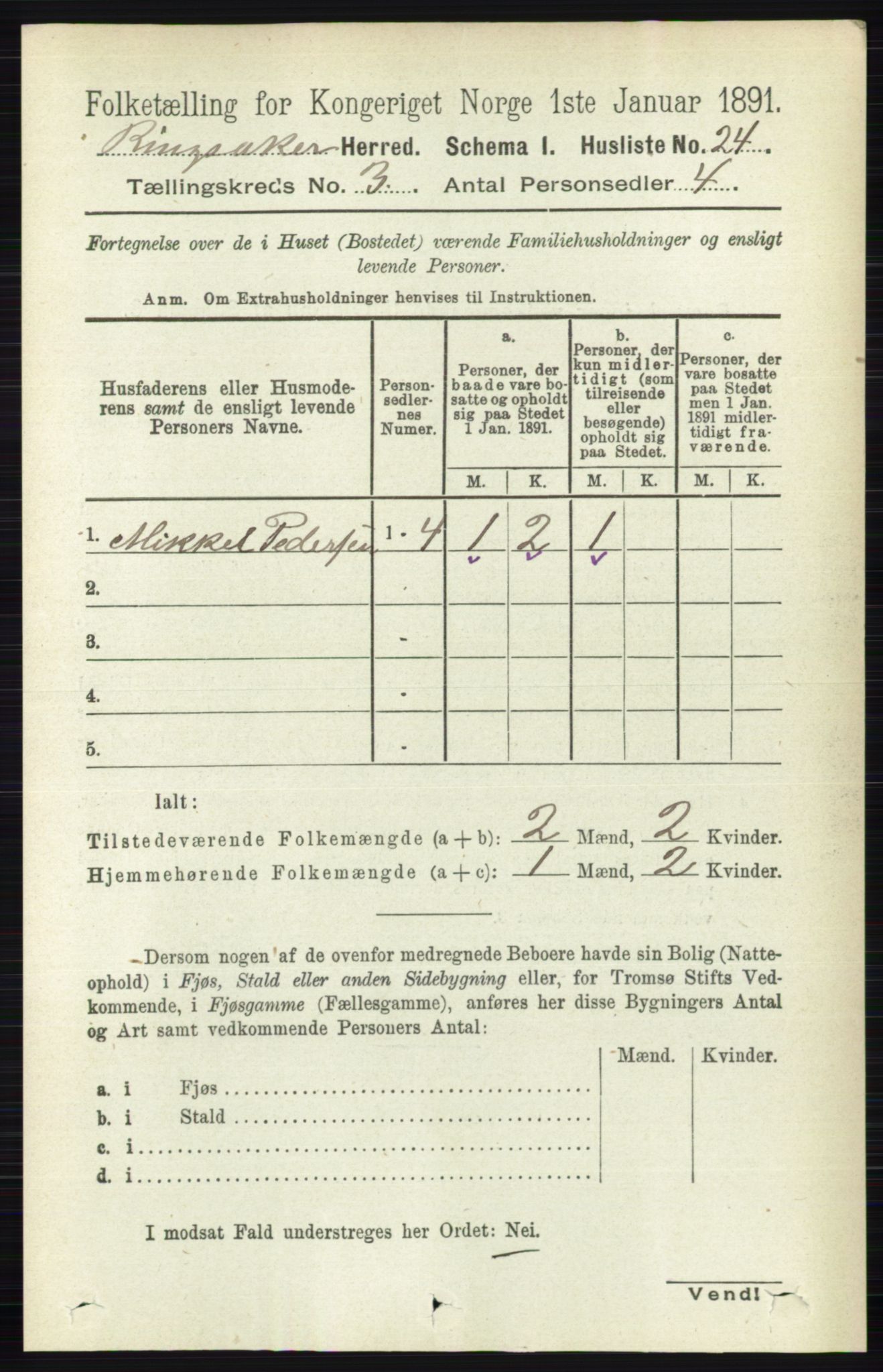 RA, 1891 census for 0412 Ringsaker, 1891, p. 1185