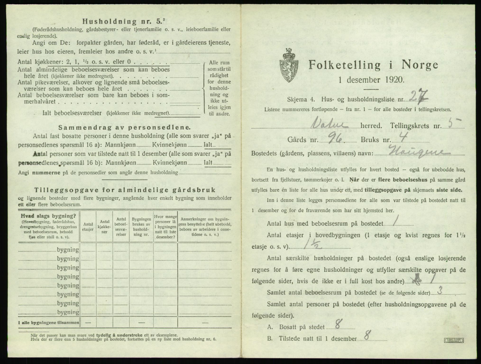 SAT, 1920 census for Vatne, 1920, p. 344
