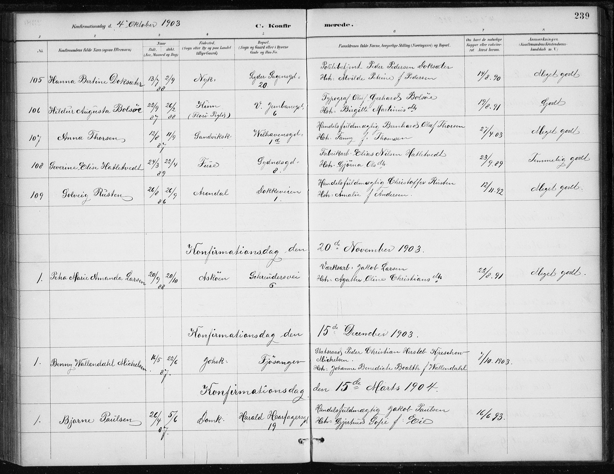 Johanneskirken sokneprestembete, AV/SAB-A-76001/H/Haa/L0008: Parish register (official) no. C 1, 1885-1907, p. 239