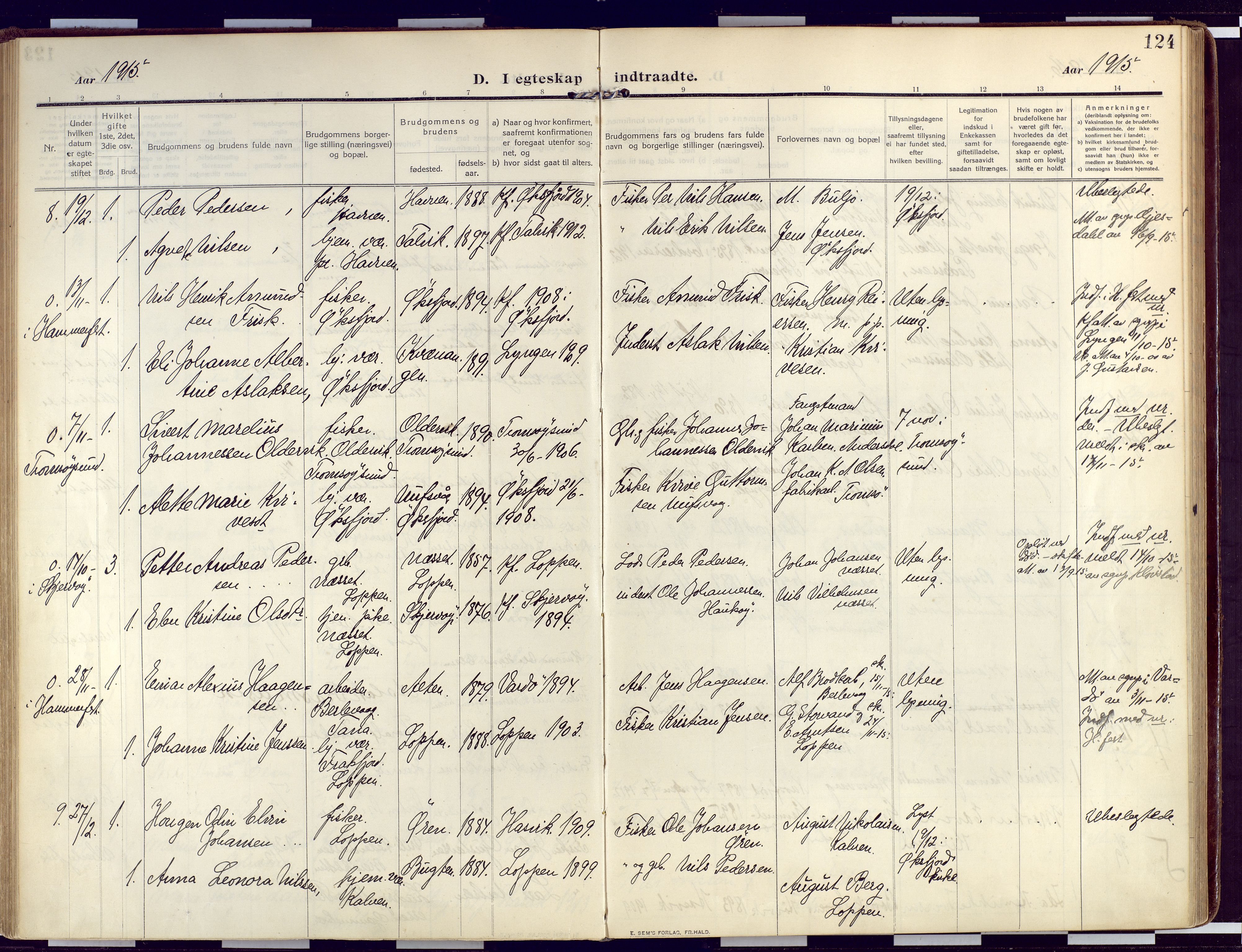 Loppa sokneprestkontor, SATØ/S-1339/H/Ha/L0011kirke: Parish register (official) no. 11, 1909-1919, p. 124