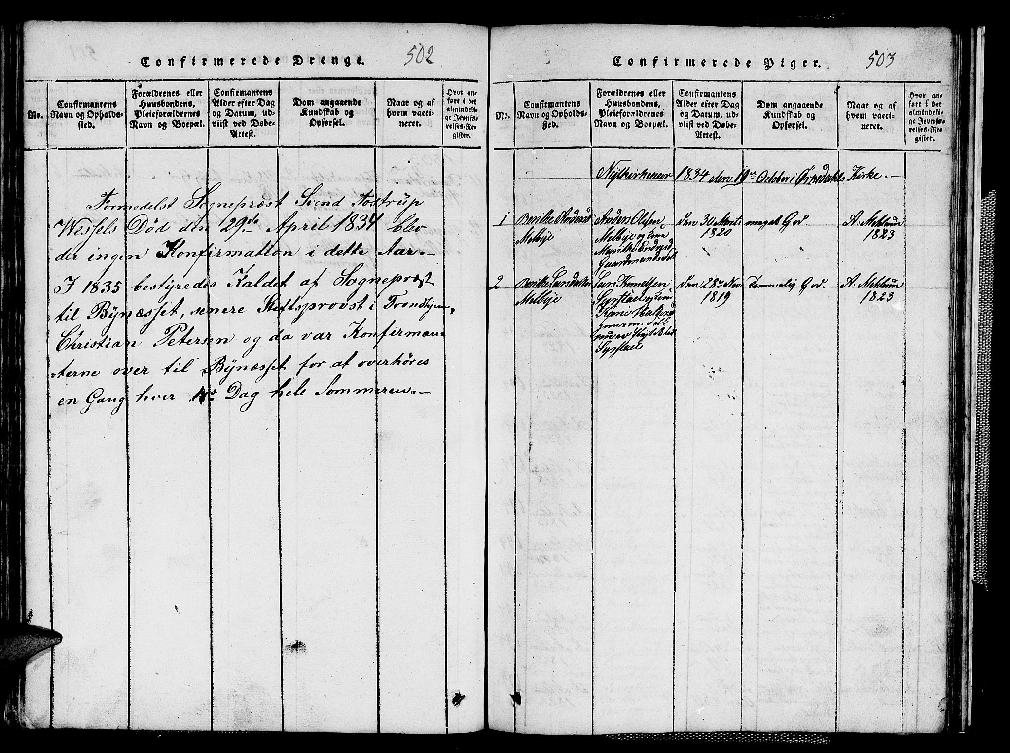 Ministerialprotokoller, klokkerbøker og fødselsregistre - Sør-Trøndelag, SAT/A-1456/667/L0796: Parish register (copy) no. 667C01, 1817-1836, p. 502-503