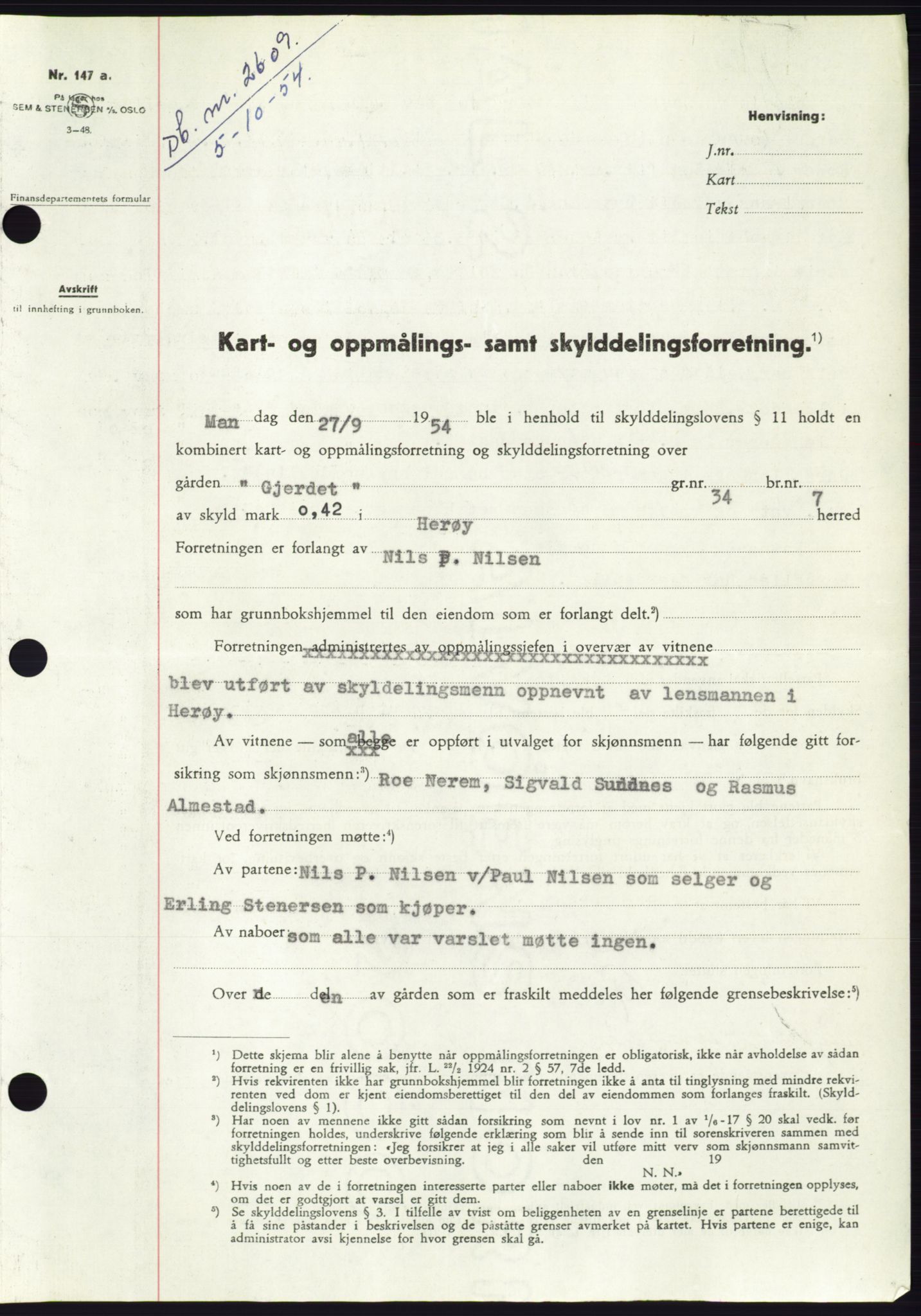 Søre Sunnmøre sorenskriveri, AV/SAT-A-4122/1/2/2C/L0099: Mortgage book no. 25A, 1954-1954, Diary no: : 2609/1954