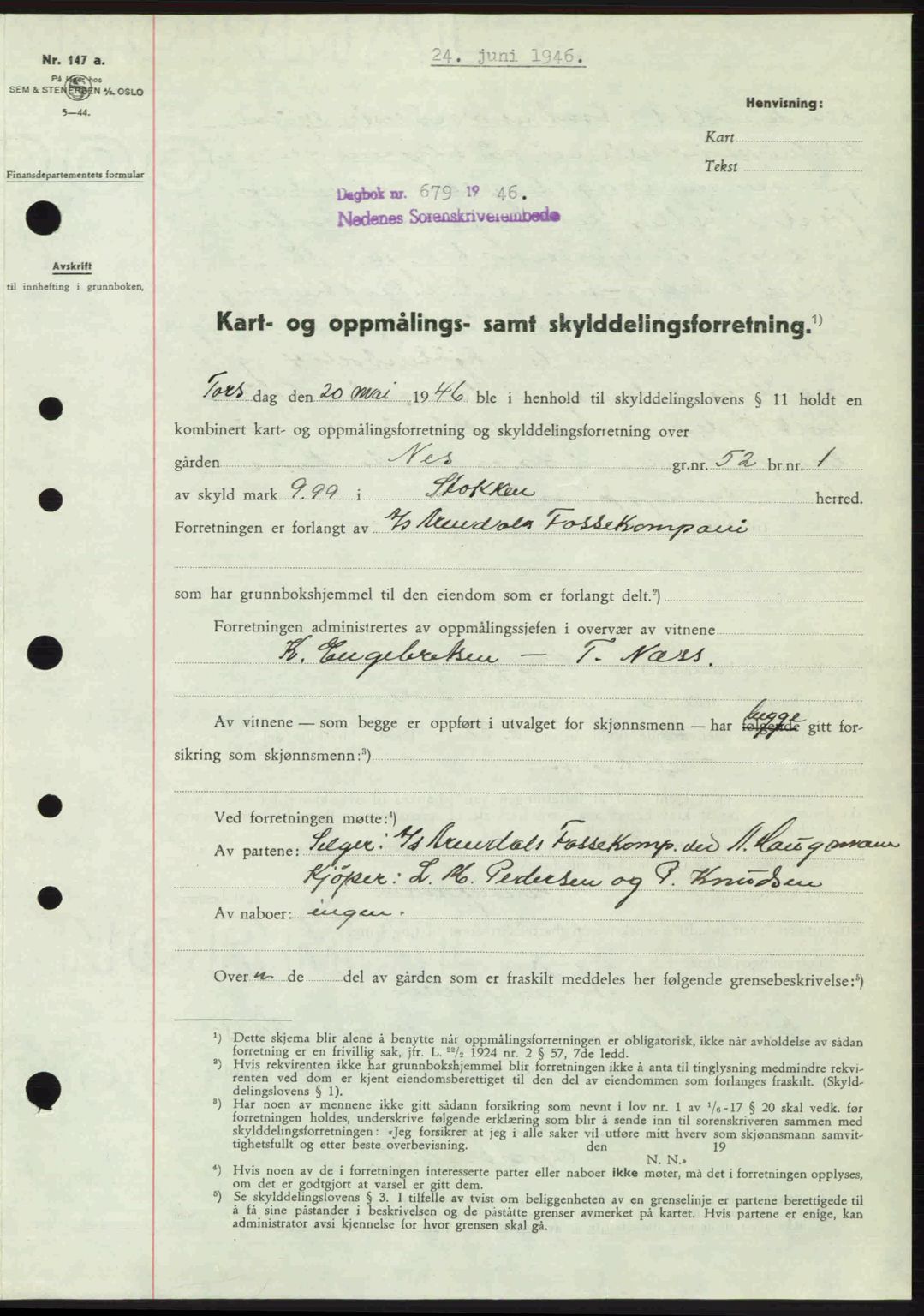 Nedenes sorenskriveri, AV/SAK-1221-0006/G/Gb/Gba/L0055: Mortgage book no. A7, 1946-1946, Diary no: : 679/1946