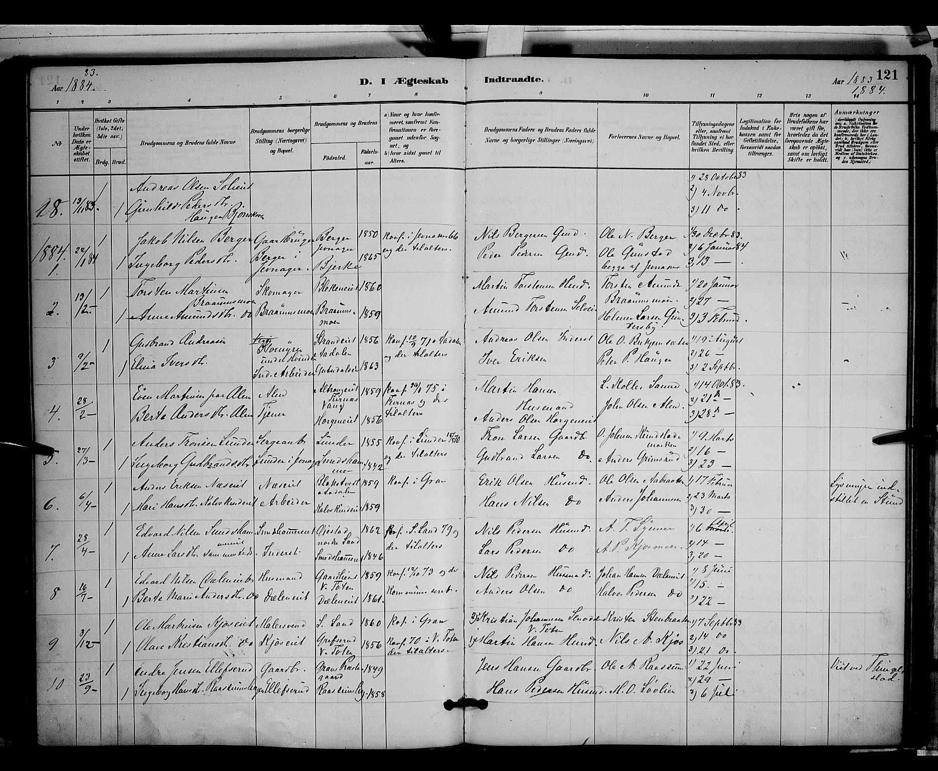 Gran prestekontor, SAH/PREST-112/H/Ha/Hab/L0003: Parish register (copy) no. 3, 1882-1890, p. 121