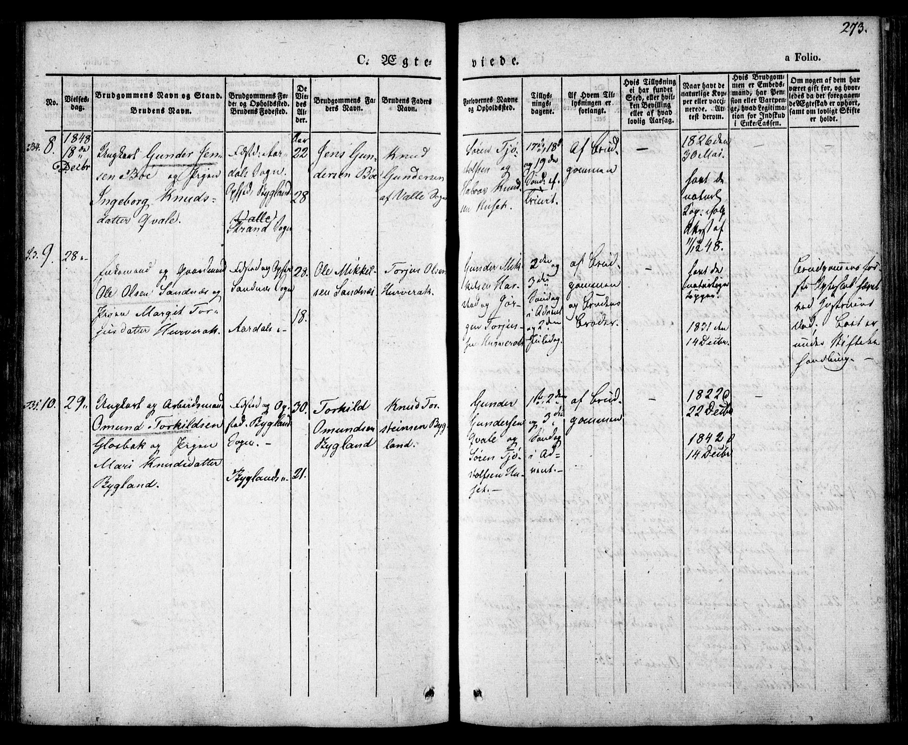 Bygland sokneprestkontor, AV/SAK-1111-0006/F/Fa/Fab/L0004: Parish register (official) no. A 4, 1842-1858, p. 273