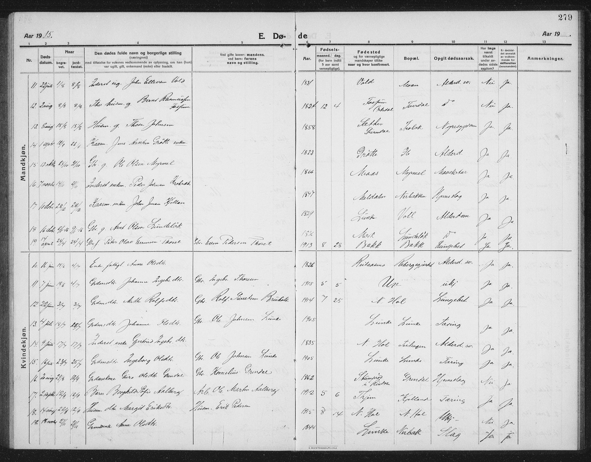 Ministerialprotokoller, klokkerbøker og fødselsregistre - Sør-Trøndelag, SAT/A-1456/674/L0877: Parish register (copy) no. 674C04, 1913-1940, p. 279