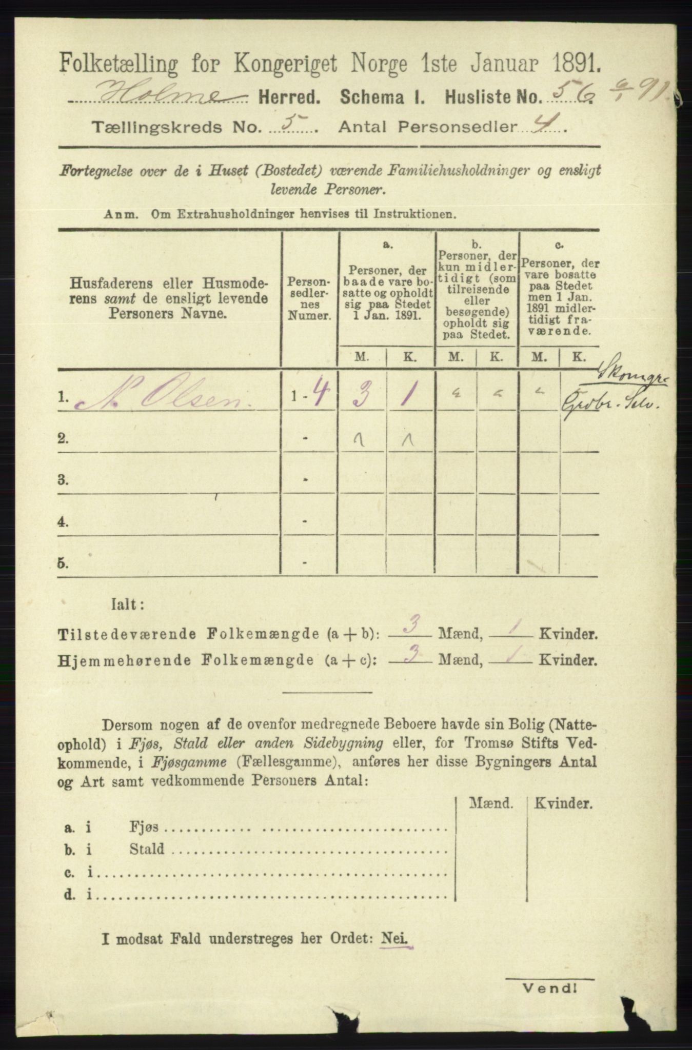 RA, 1891 census for 1020 Holum, 1891, p. 1233