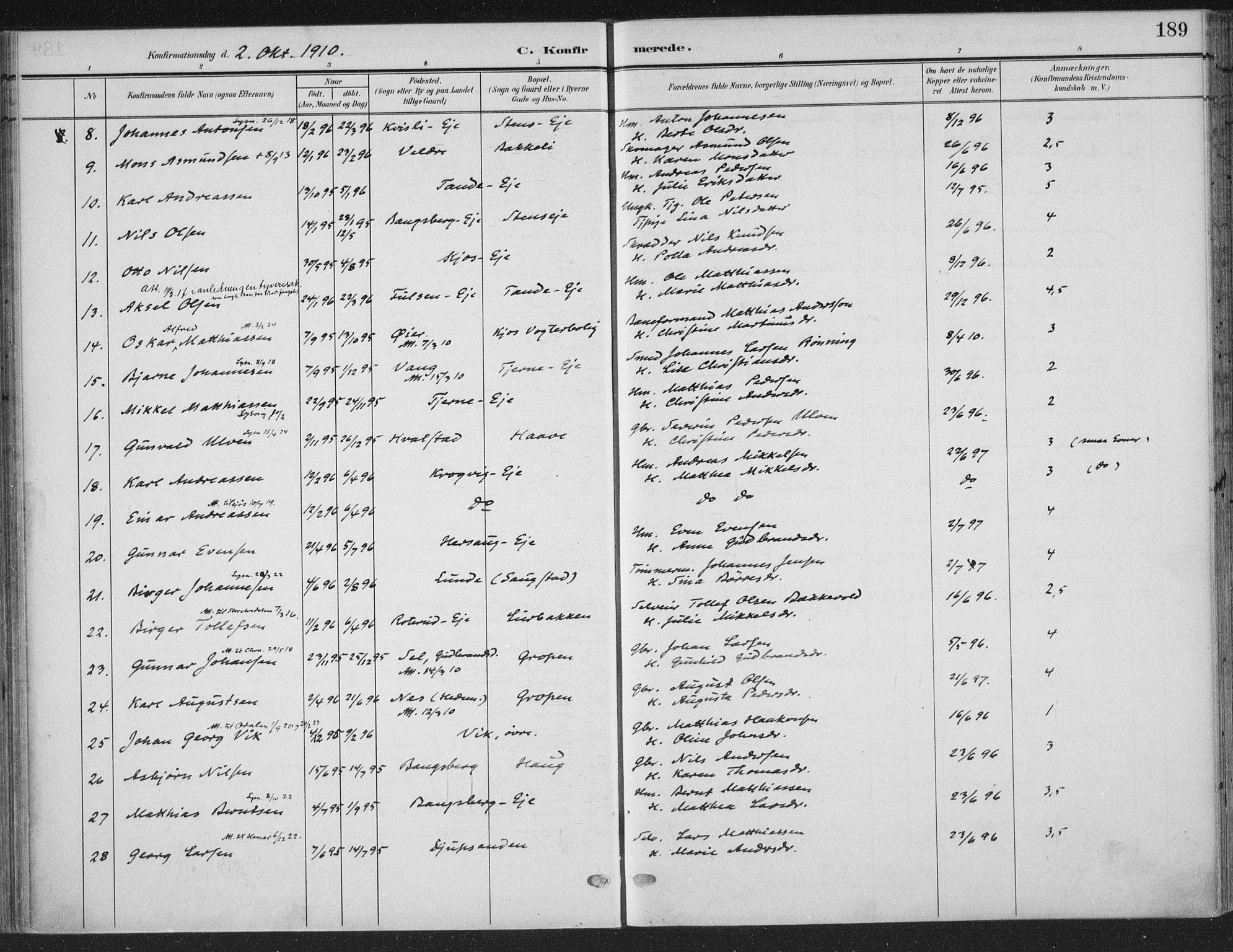 Ringsaker prestekontor, AV/SAH-PREST-014/K/Ka/L0018: Parish register (official) no. 18, 1903-1912, p. 189