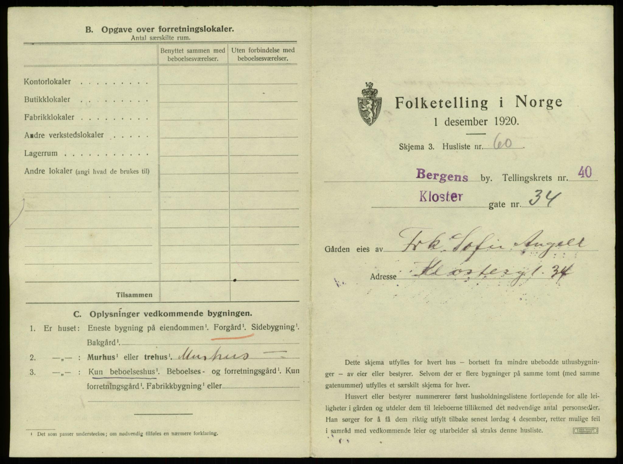 SAB, 1920 census for Bergen, 1920, p. 3825