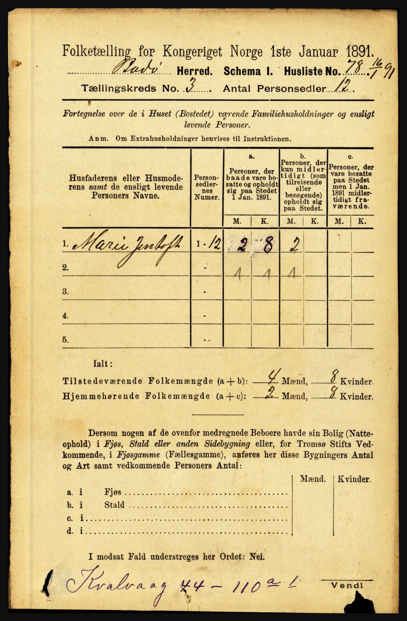 RA, 1891 census for 1843 Bodø, 1891, p. 1581