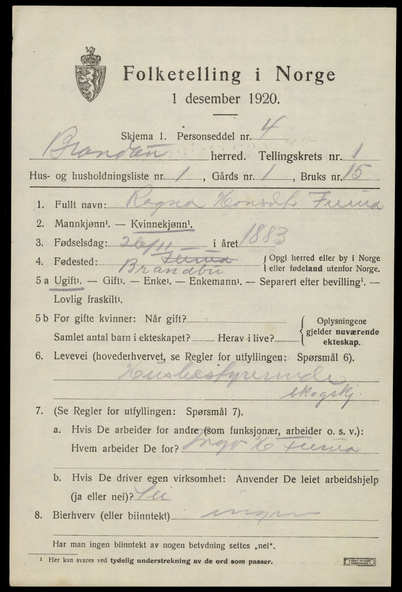 SAH, 1920 census for Brandbu, 1920, p. 1941