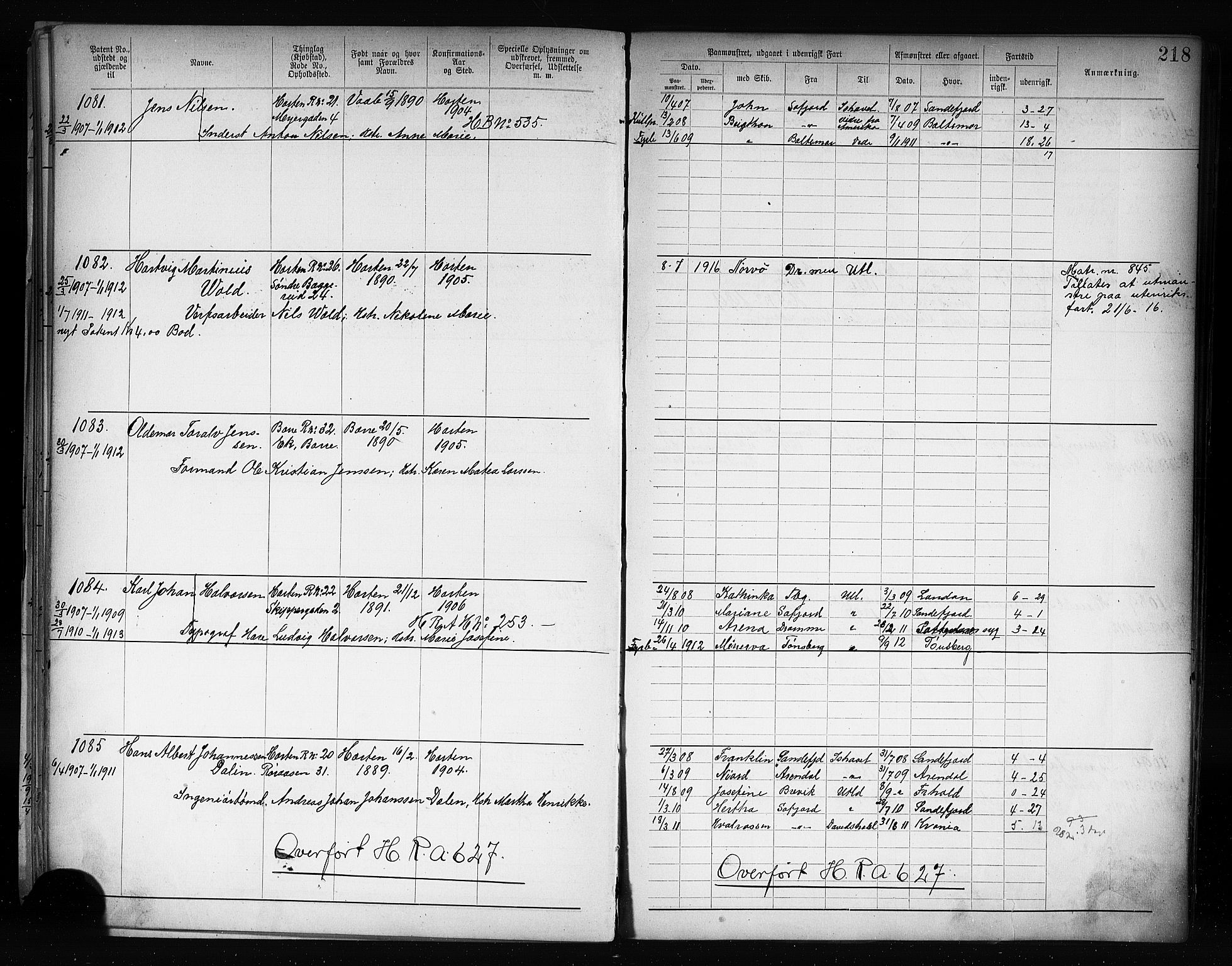 Horten innrulleringskontor, SAKO/A-785/F/Fb/L0004: Annotasjonsrulle, 1889-1911, p. 223