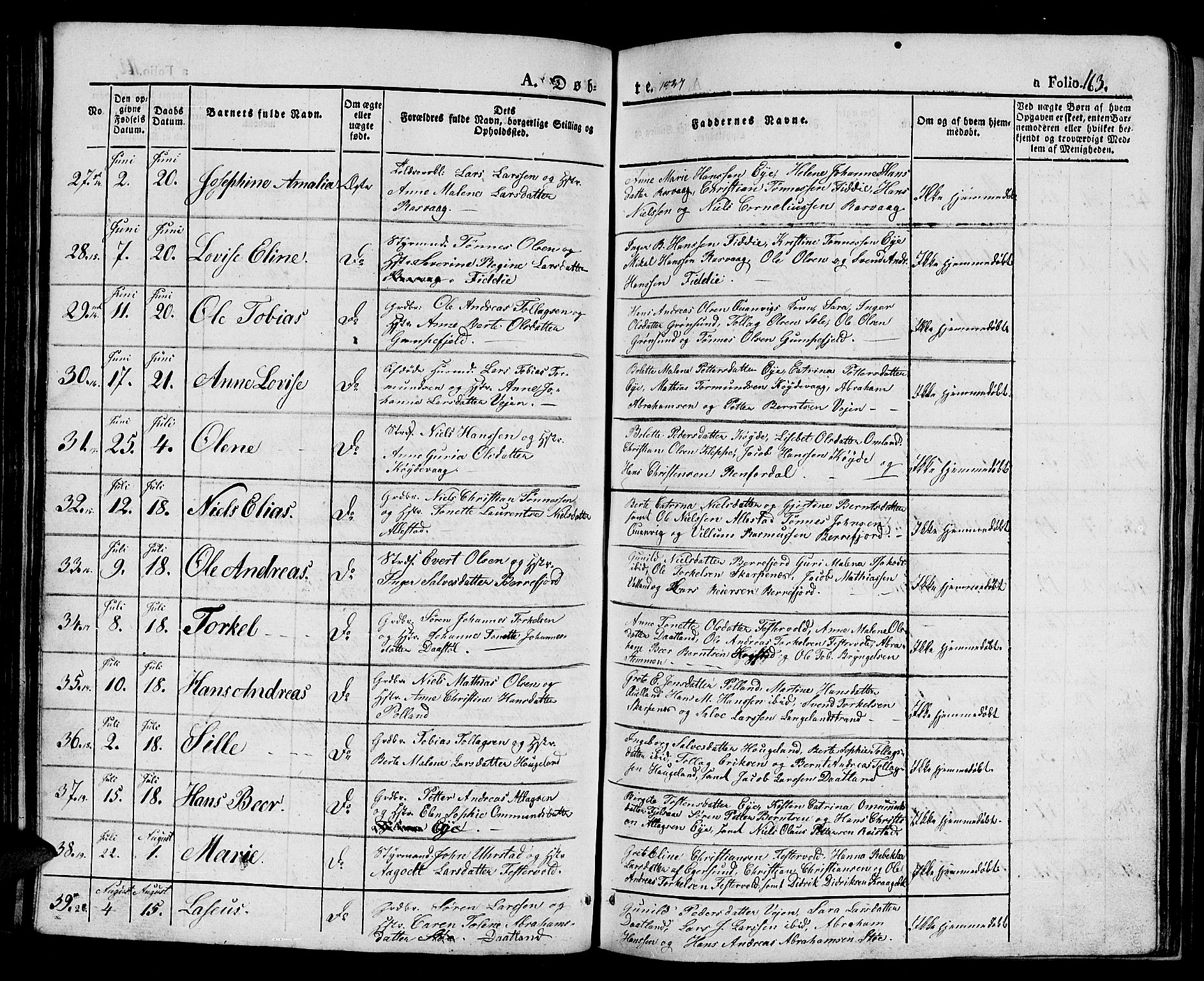 Flekkefjord sokneprestkontor, SAK/1111-0012/F/Fb/Fbb/L0002: Parish register (copy) no. B 2a, 1831-1866, p. 163
