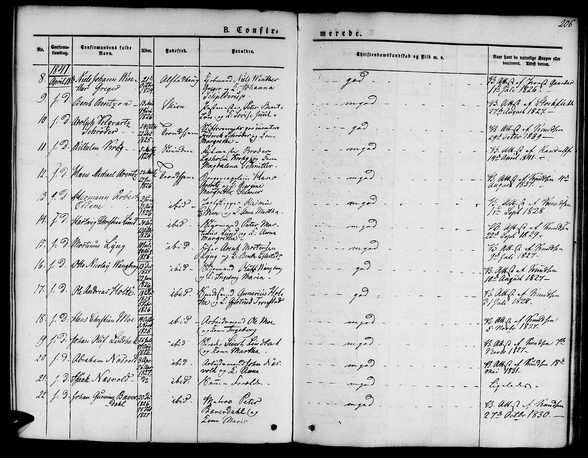 Ministerialprotokoller, klokkerbøker og fødselsregistre - Sør-Trøndelag, SAT/A-1456/601/L0048: Parish register (official) no. 601A16, 1840-1847, p. 206
