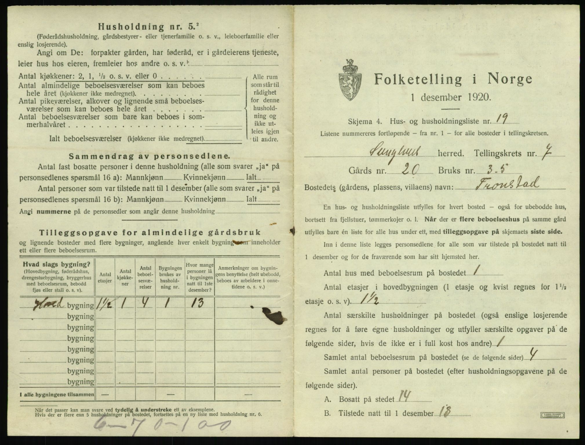 SAT, 1920 census for Sunnylven, 1920, p. 396