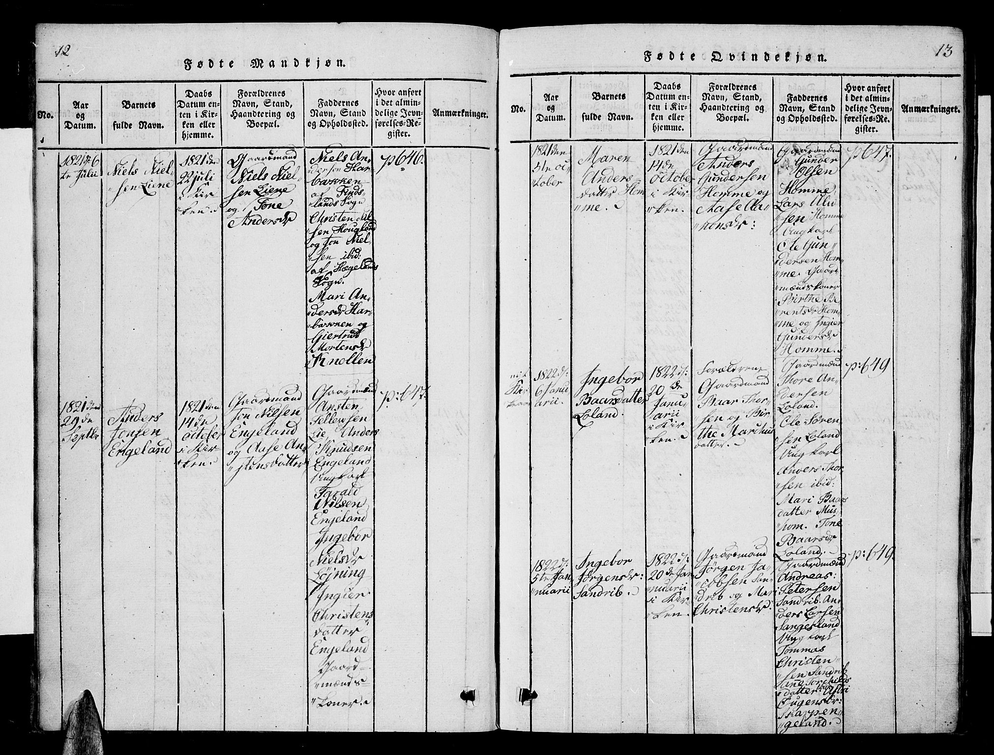Vennesla sokneprestkontor, SAK/1111-0045/Fa/Fac/L0003: Parish register (official) no. A 3, 1820-1834, p. 12-13