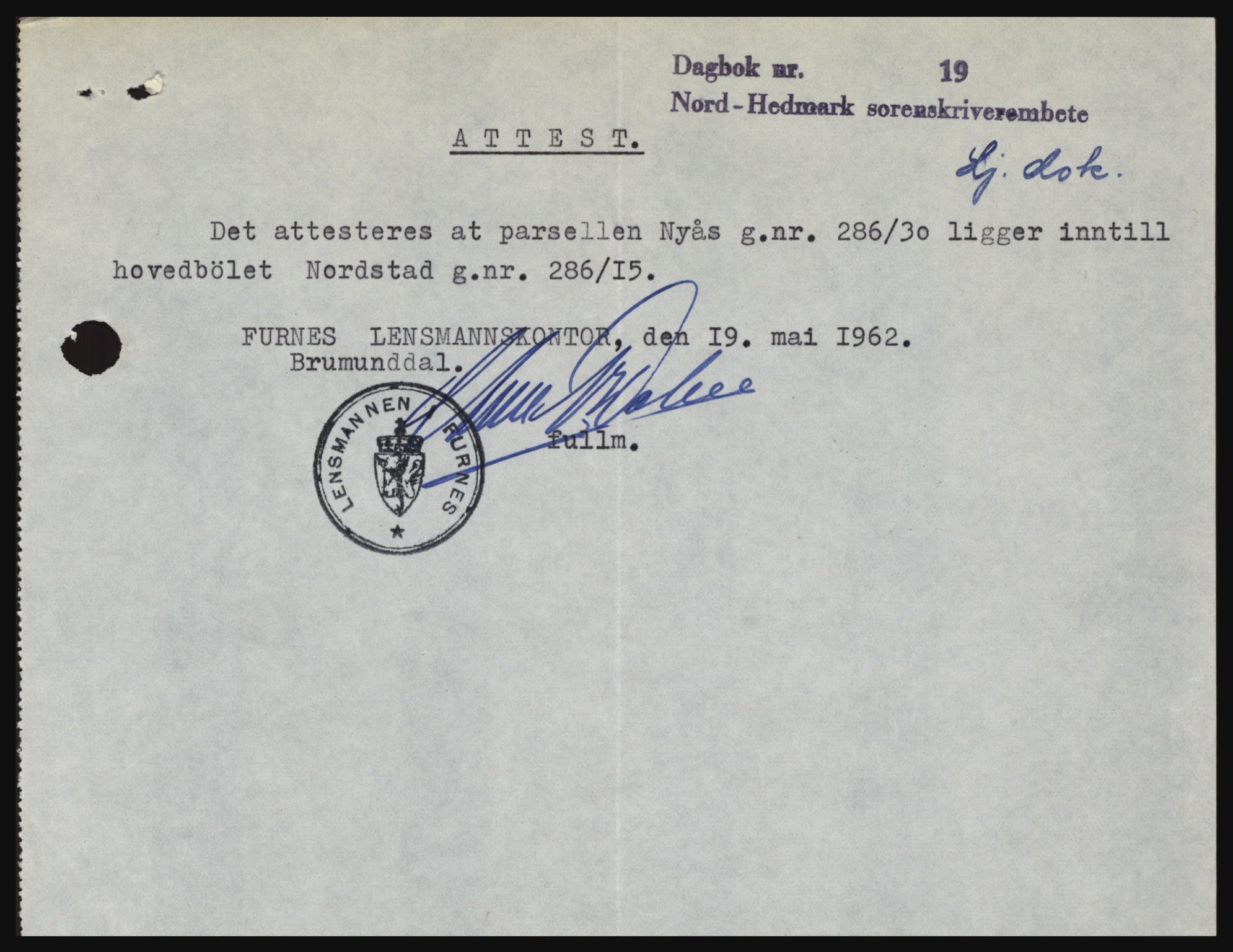 Nord-Hedmark sorenskriveri, SAH/TING-012/H/Hc/L0016: Mortgage book no. 16, 1962-1962, Diary no: : 1758/1962