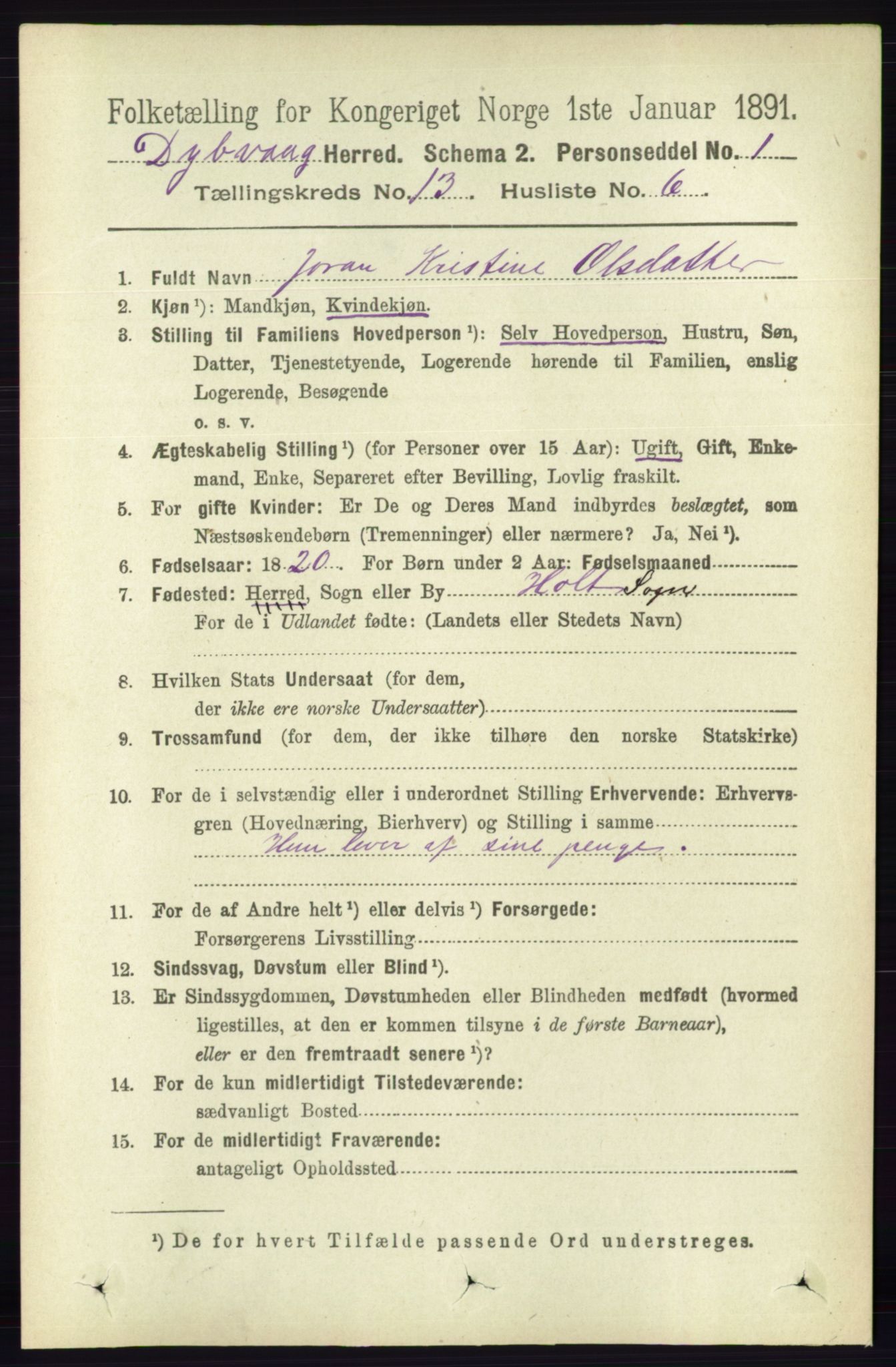 RA, 1891 census for 0915 Dypvåg, 1891, p. 5335