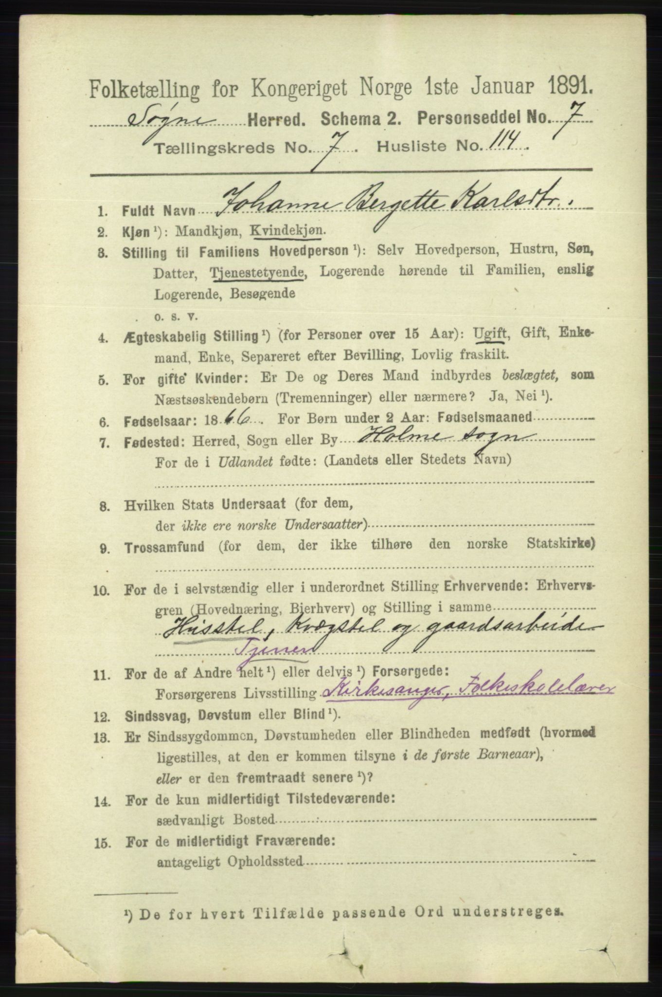 RA, 1891 census for 1018 Søgne, 1891, p. 2165