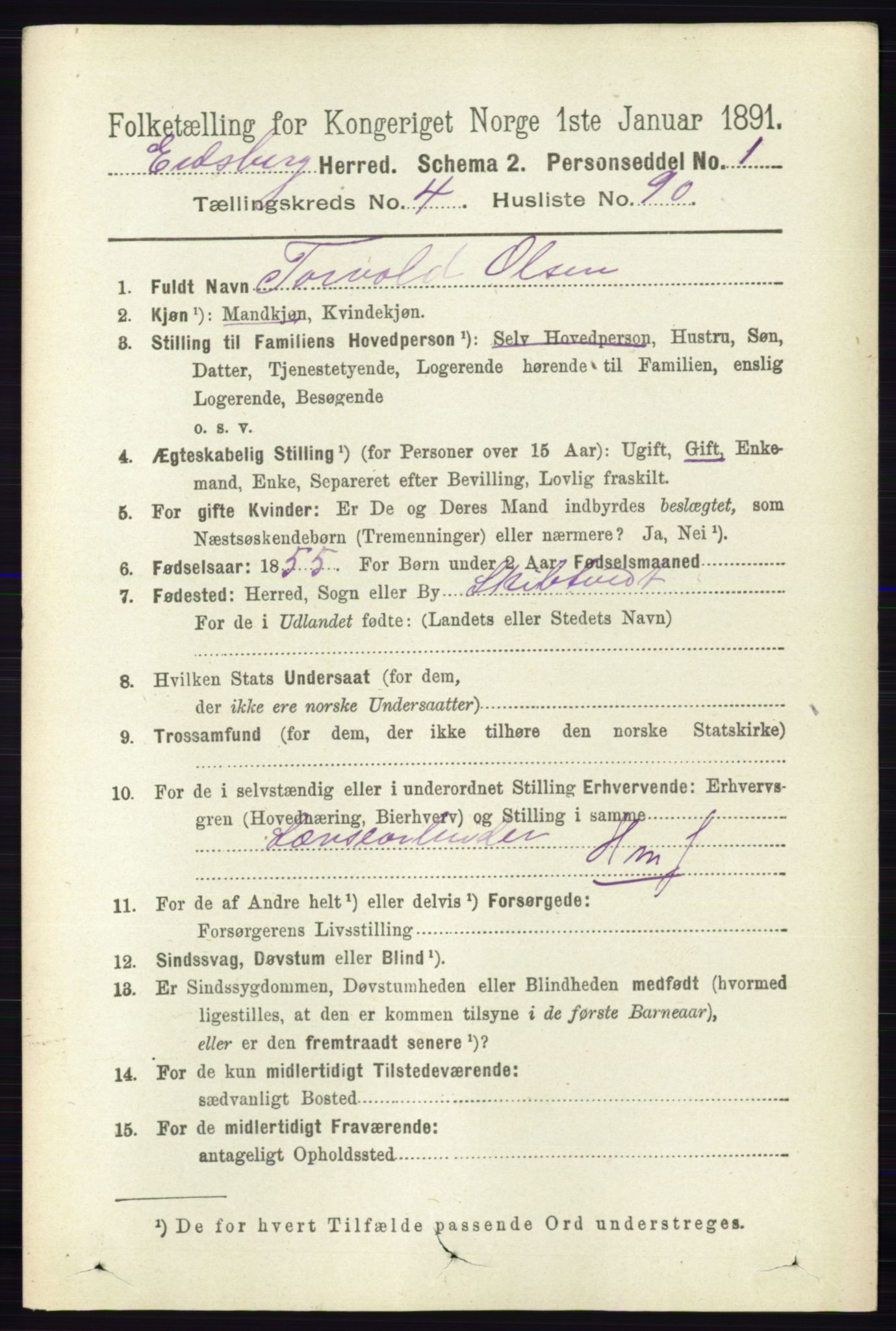 RA, 1891 census for 0125 Eidsberg, 1891, p. 2909