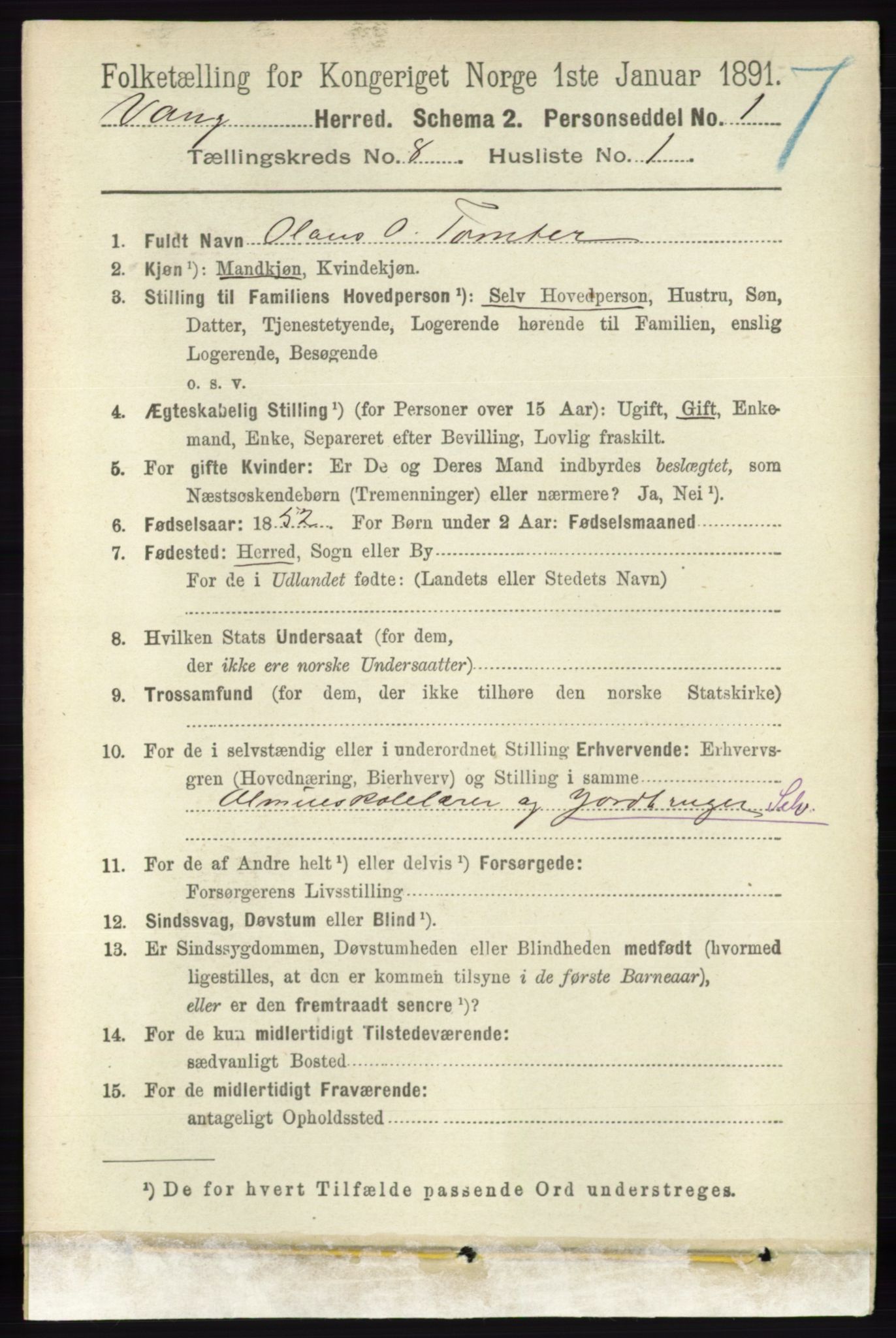 RA, 1891 census for 0414 Vang, 1891, p. 5619
