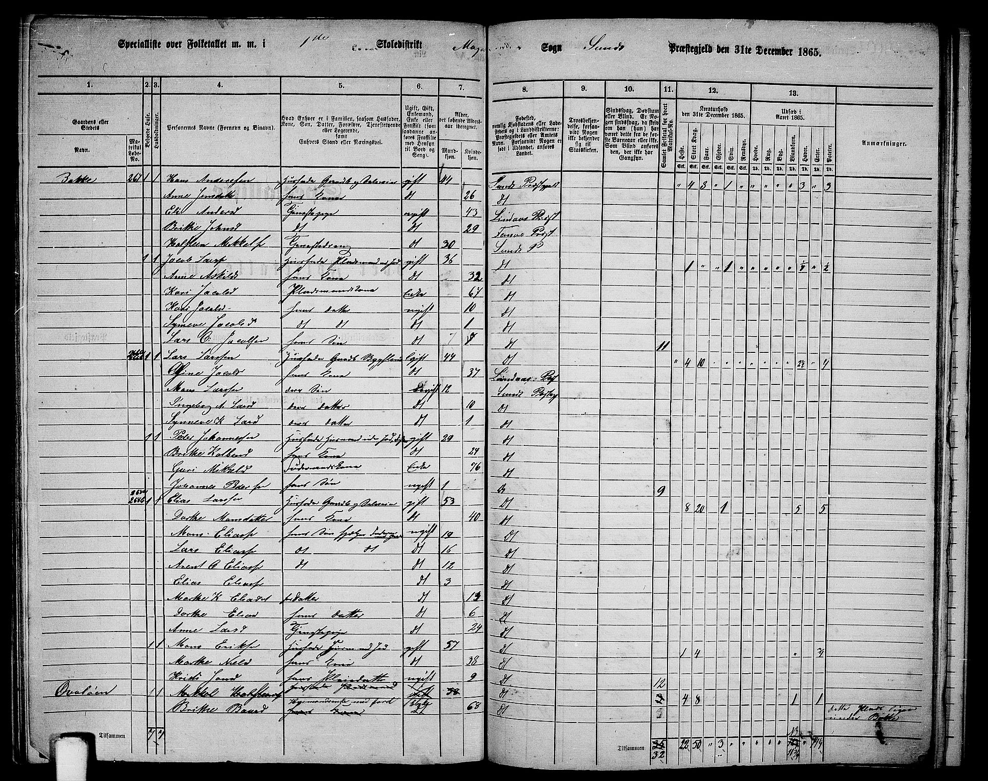 RA, 1865 census for Sund, 1865, p. 171