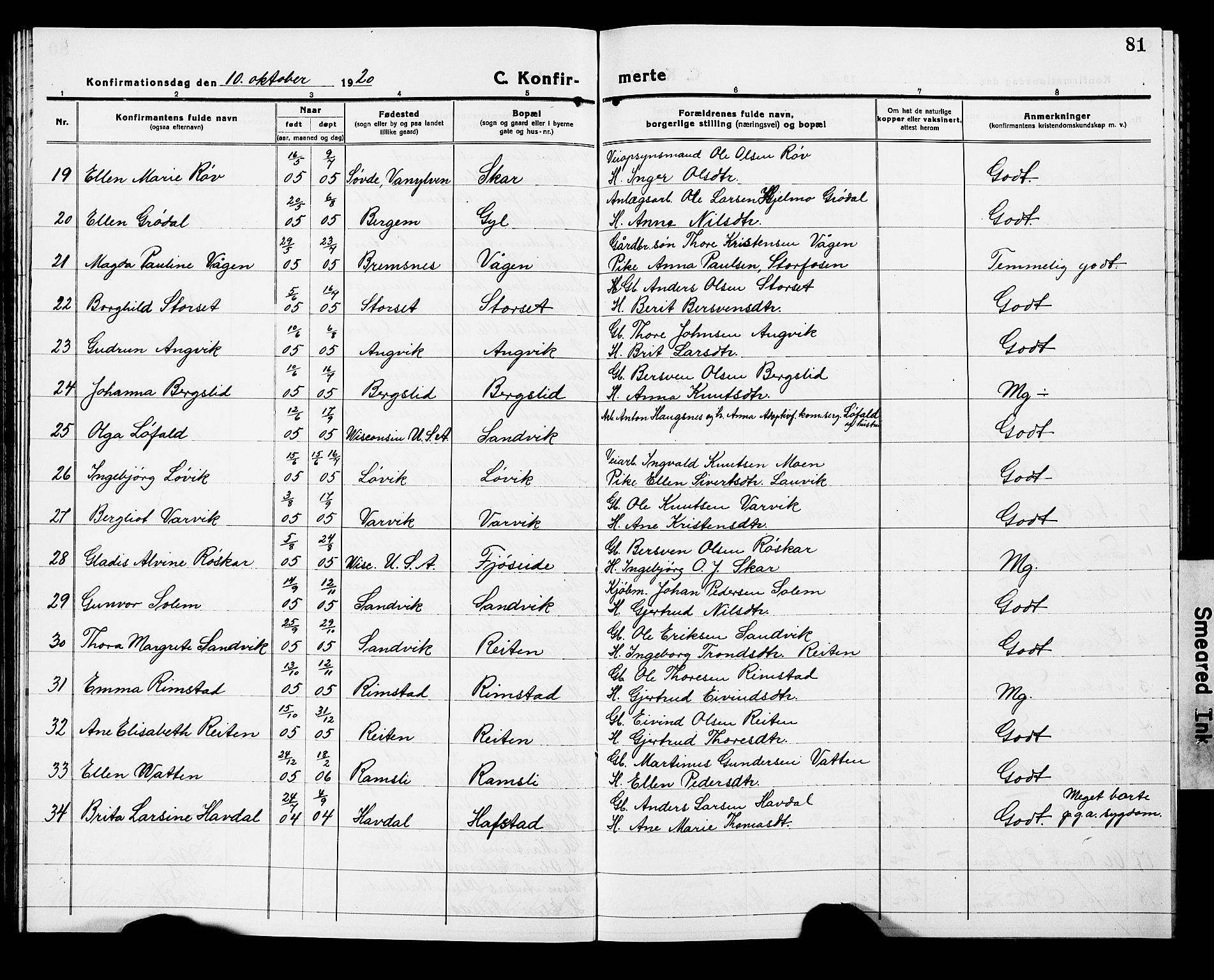 Ministerialprotokoller, klokkerbøker og fødselsregistre - Møre og Romsdal, SAT/A-1454/586/L0994: Parish register (copy) no. 586C05, 1919-1927, p. 81