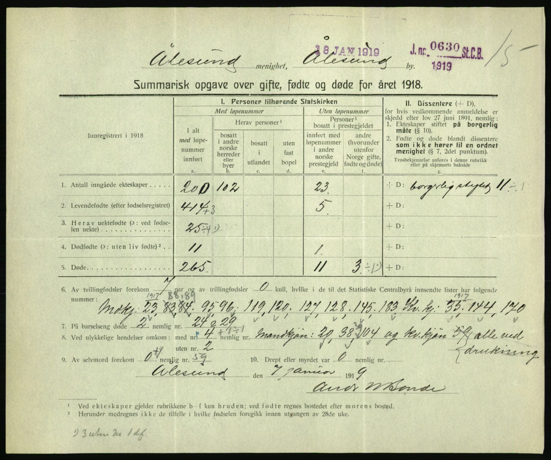 Statistisk sentralbyrå, Sosiodemografiske emner, Befolkning, RA/S-2228/D/Df/Dfb/Dfbh/L0059: Summariske oppgaver over gifte, fødte og døde for hele landet., 1918, p. 1105