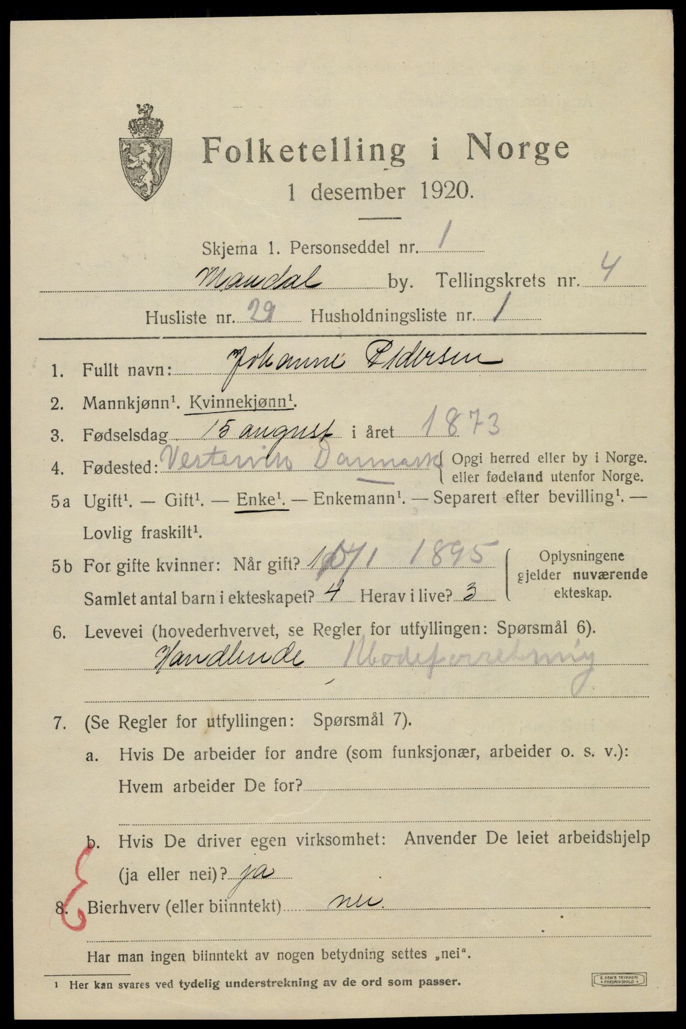 SAK, 1920 census for Mandal, 1920, p. 7287