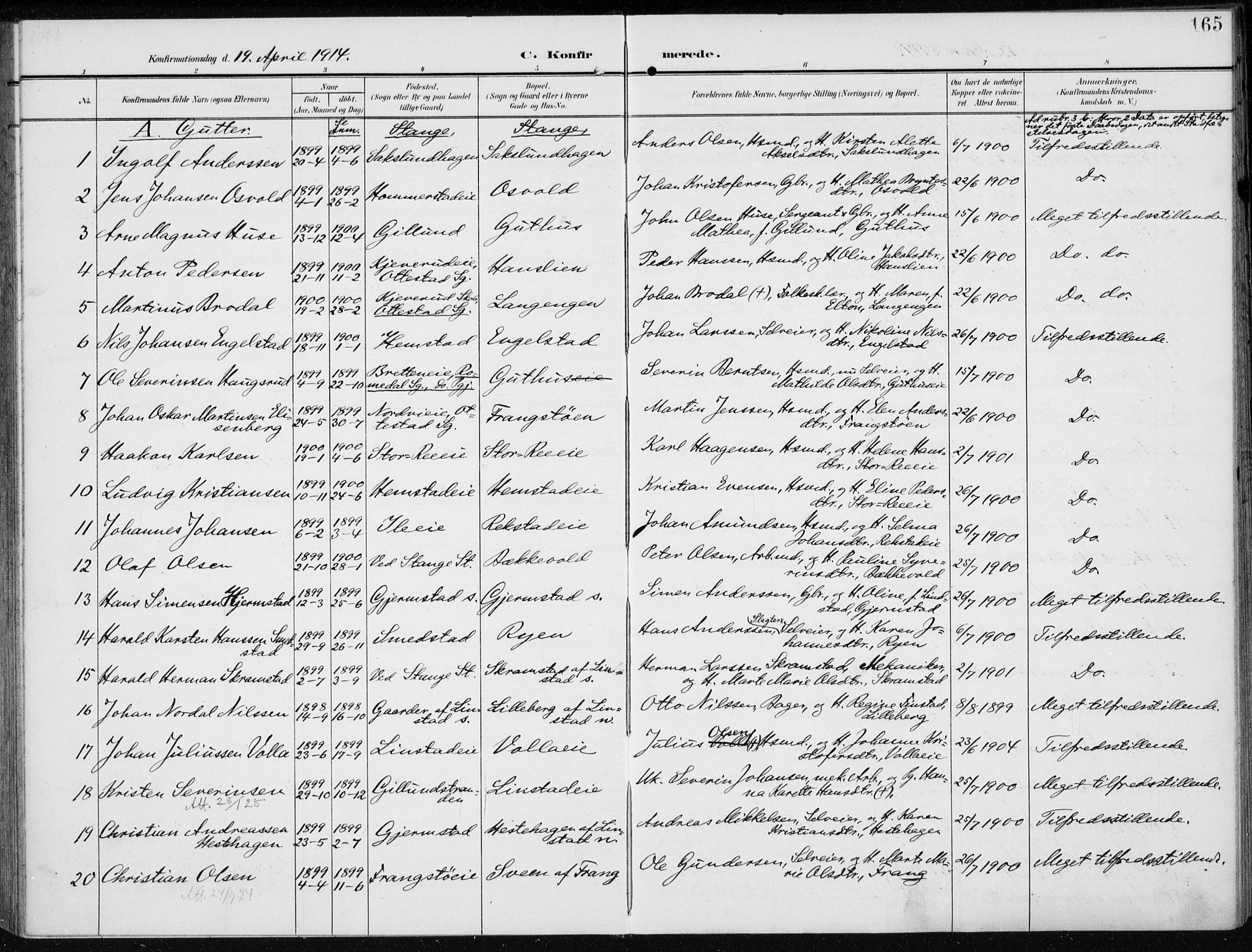 Stange prestekontor, SAH/PREST-002/K/L0024: Parish register (official) no. 24, 1906-1922, p. 165