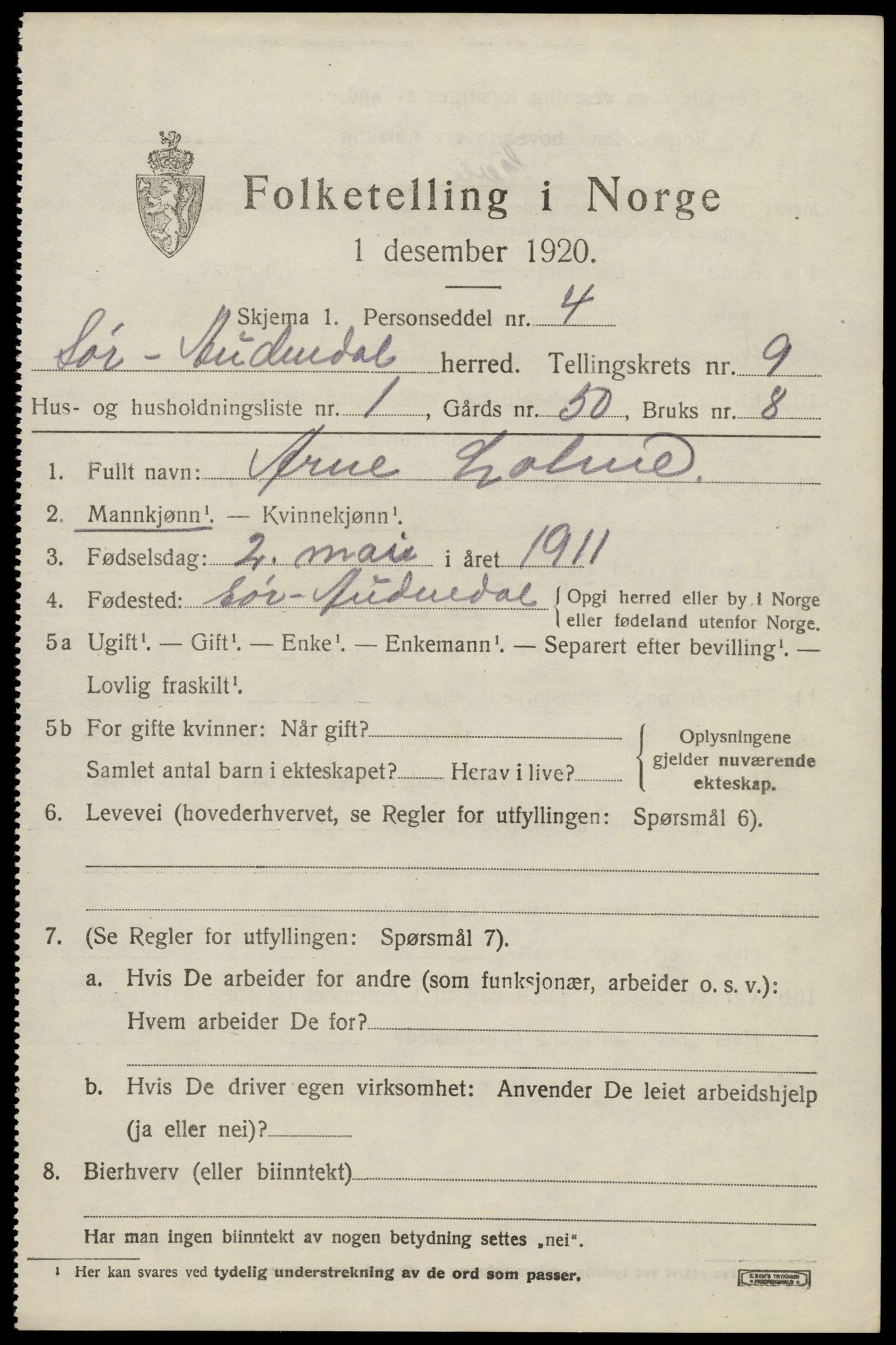 SAK, 1920 census for Sør-Audnedal, 1920, p. 3475