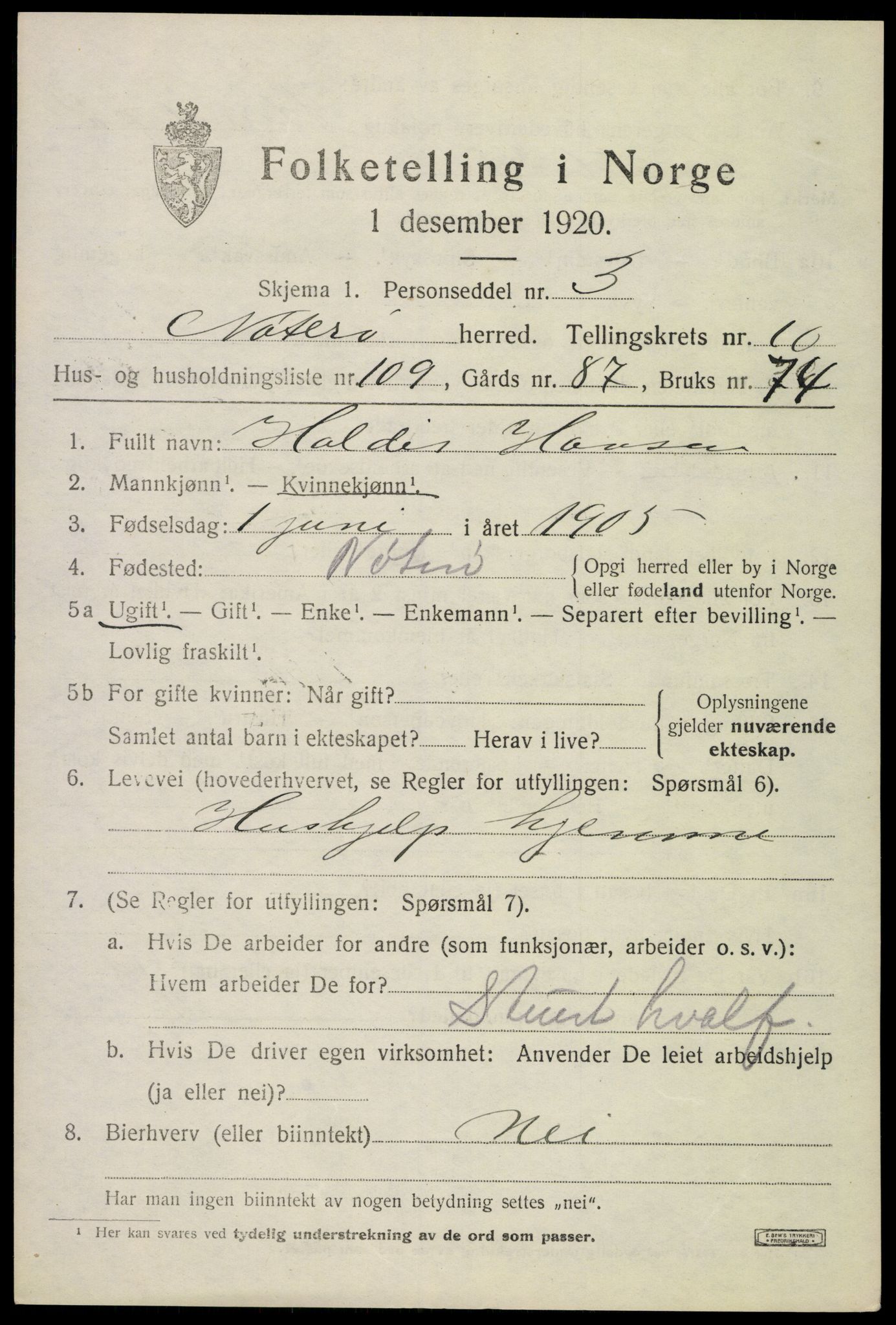 SAKO, 1920 census for Nøtterøy, 1920, p. 13489