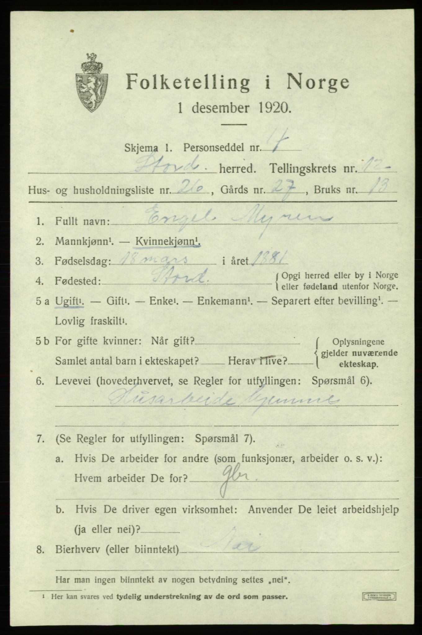 SAB, 1920 census for Stord, 1920, p. 7361