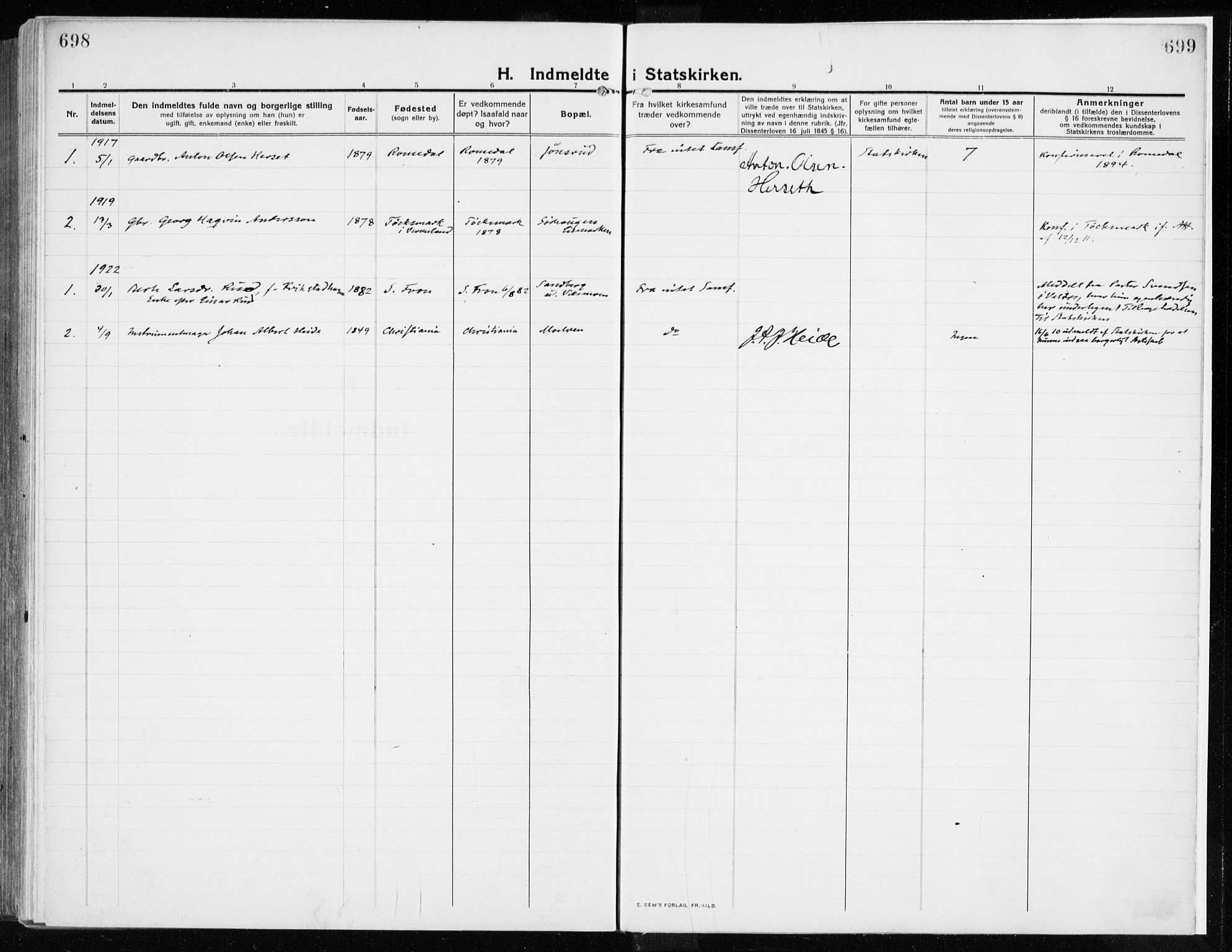 Ringsaker prestekontor, SAH/PREST-014/K/Ka/L0020: Parish register (official) no. 20, 1913-1922, p. 698-699