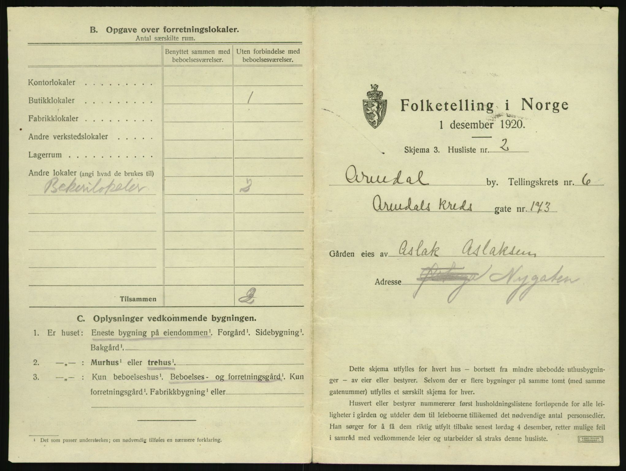 SAK, 1920 census for Arendal, 1920, p. 718