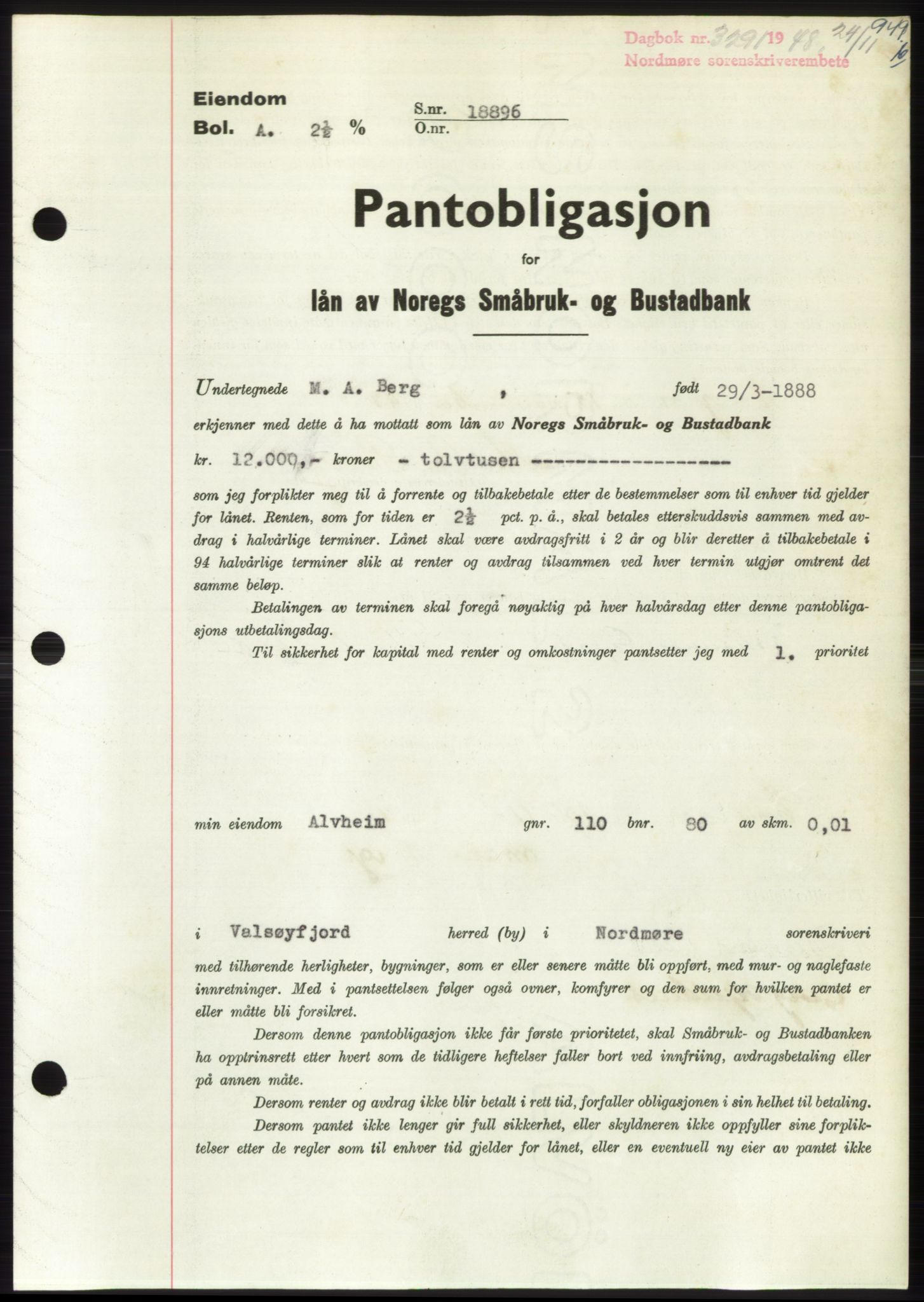 Nordmøre sorenskriveri, AV/SAT-A-4132/1/2/2Ca: Mortgage book no. B100, 1948-1949, Diary no: : 3291/1948