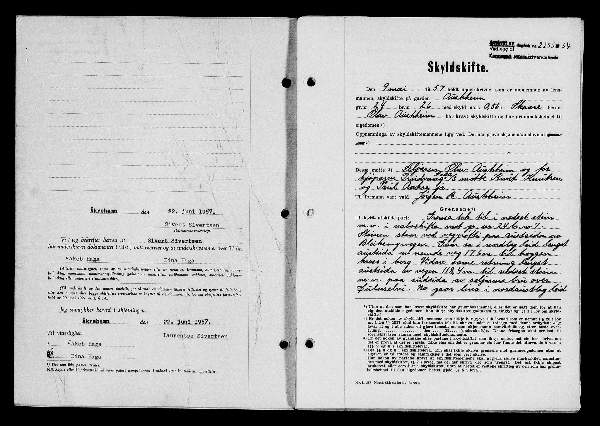 Karmsund sorenskriveri, AV/SAST-A-100311/01/II/IIB/L0125: Mortgage book no. 105A, 1957-1957, Diary no: : 2255/1957